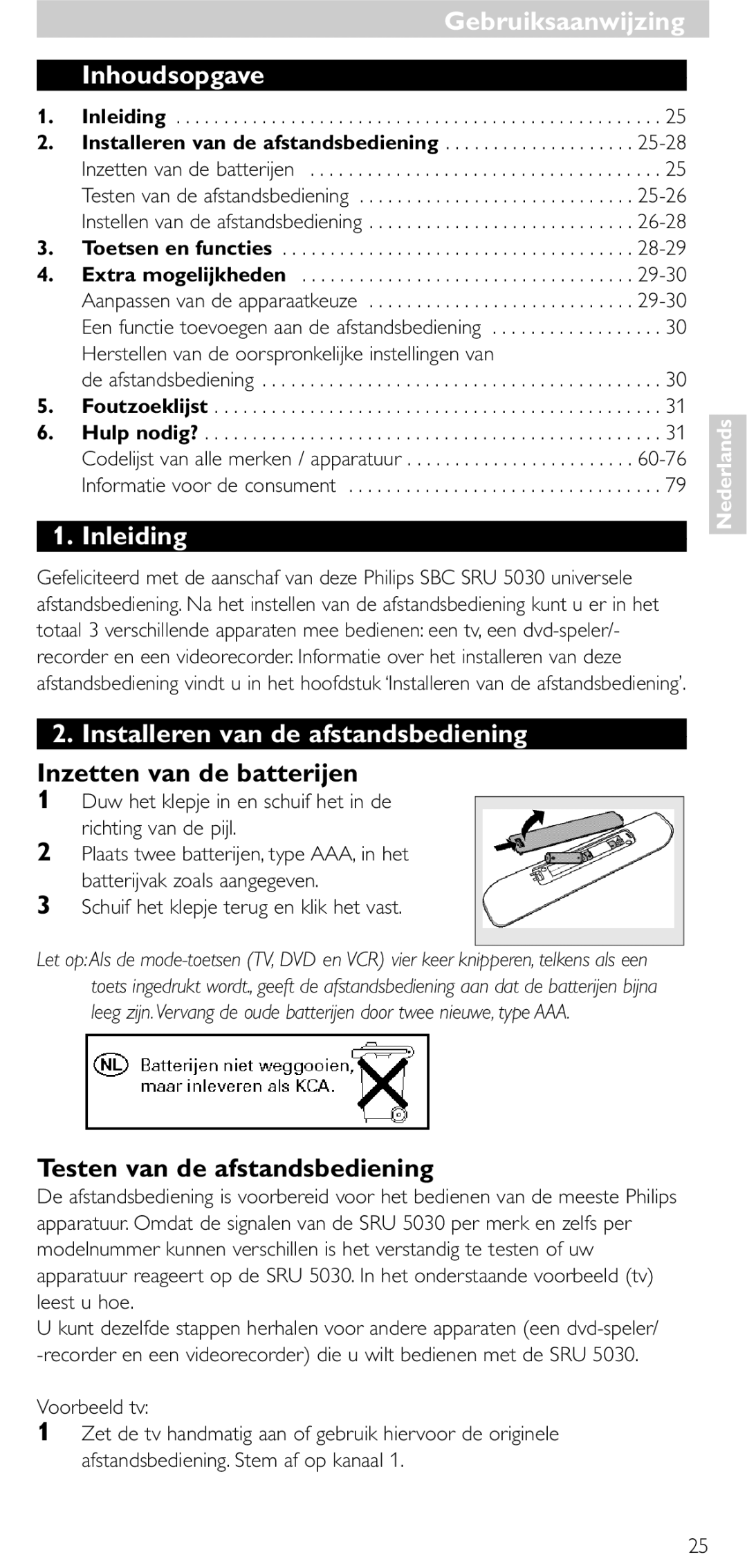 NEC SRU 5030/86 manual Inhoudsopgave, Inleiding, Installeren van de afstandsbediening, Inzetten van de batterijen 