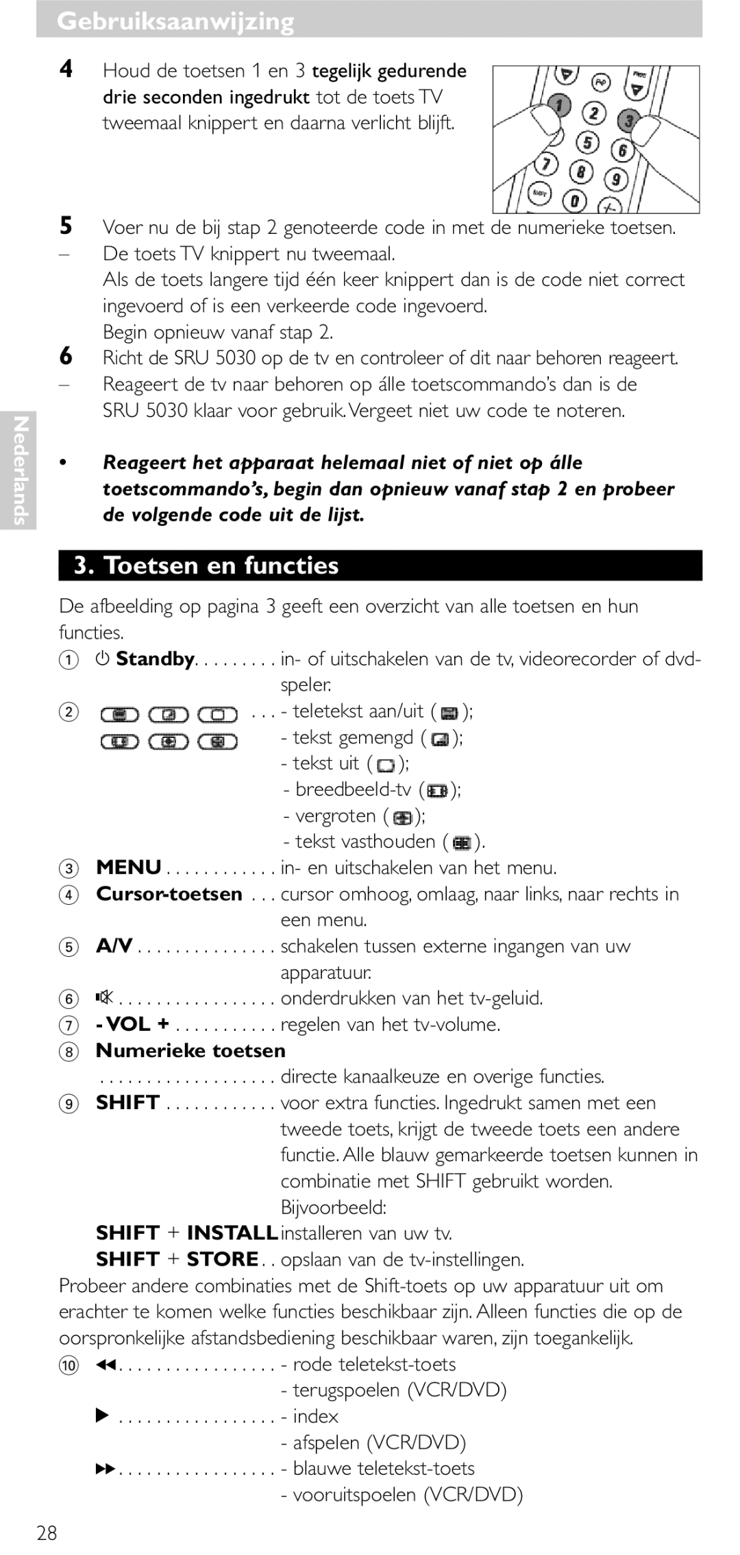 NEC SRU 5030/86 manual Toetsen en functies, Rode teletekst-toets Terugspoelen VCR/DVD Index, Vooruitspoelen VCR/DVD 