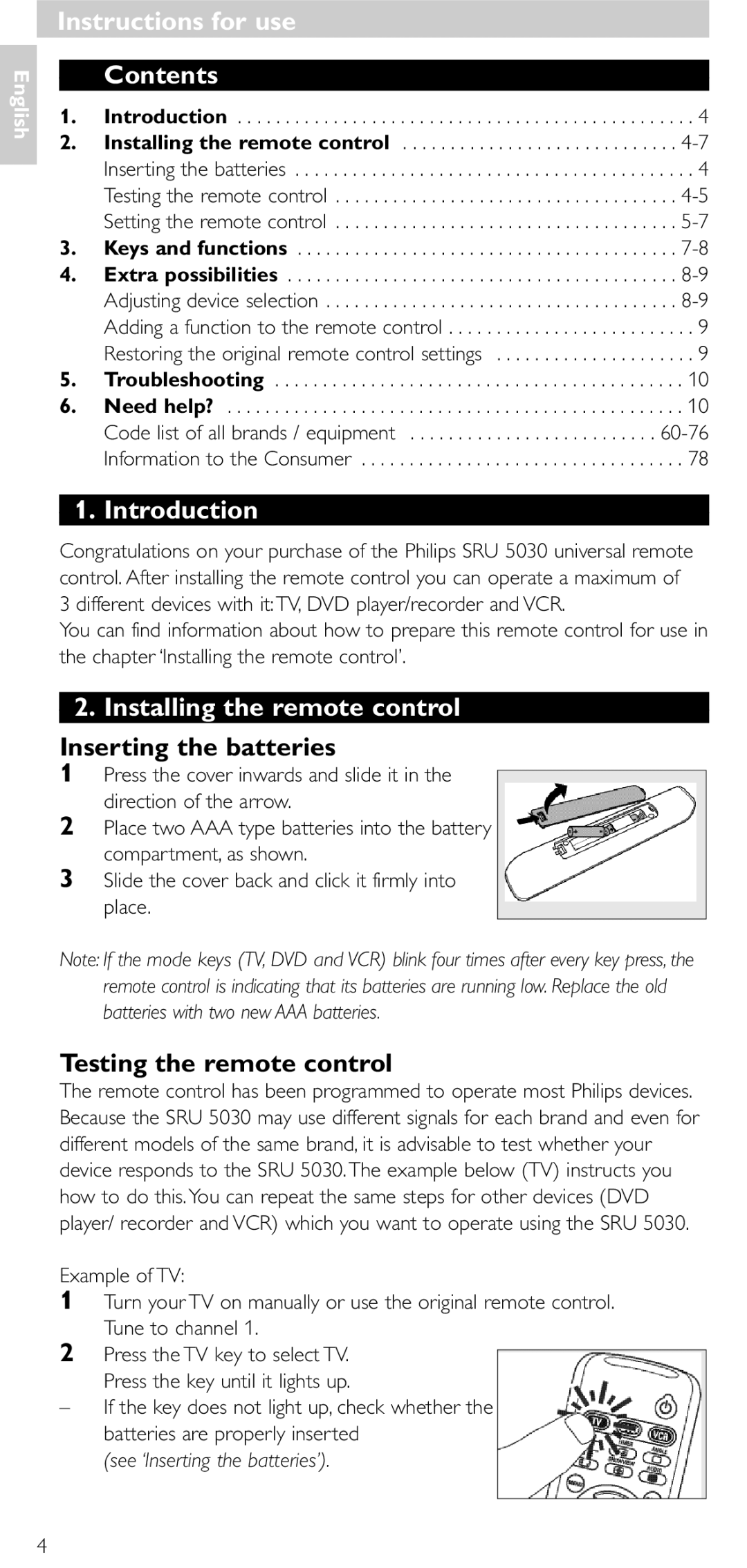 NEC SRU 5030/86 manual Instructions for use Contents, Introduction, Installing the remote control 