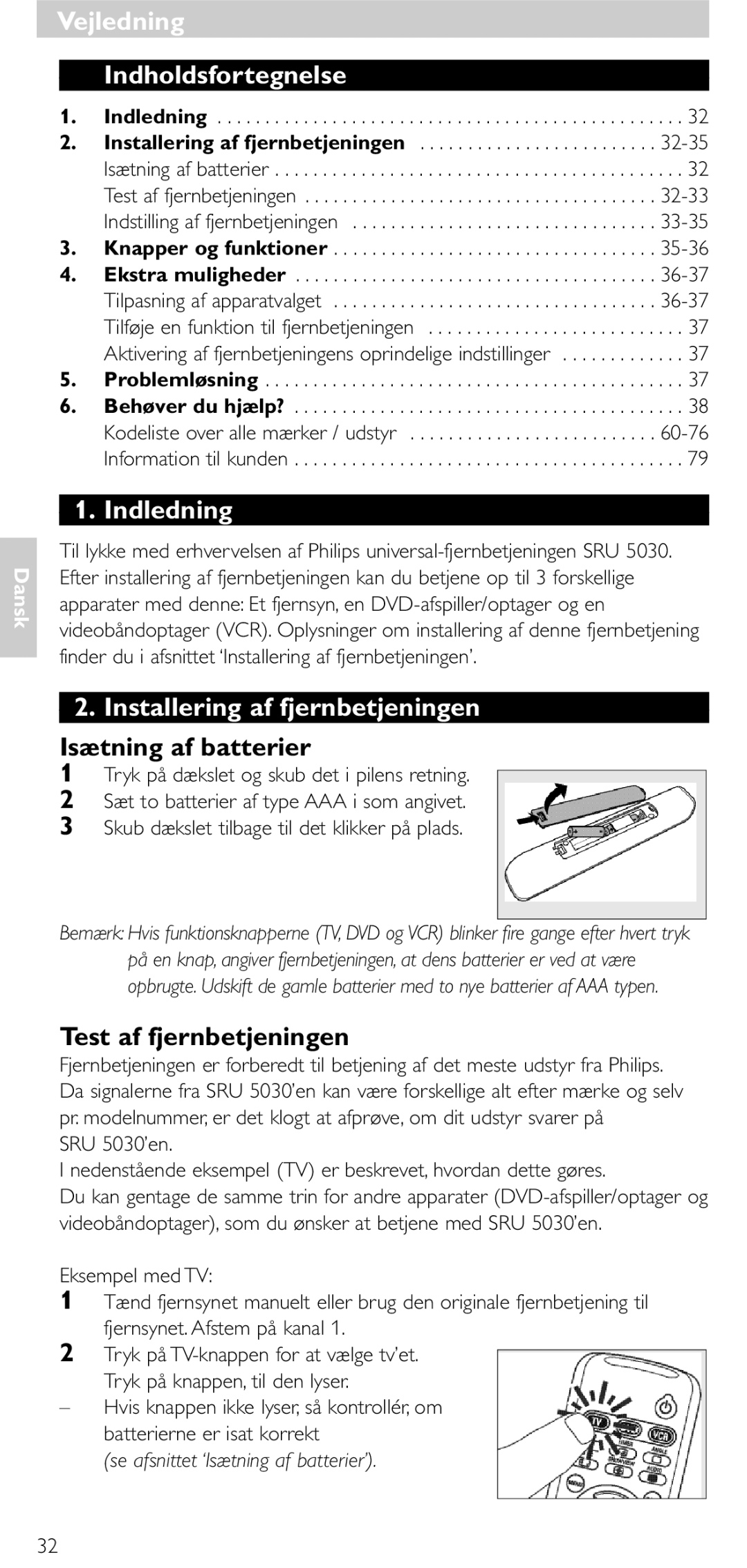 NEC SRU 5030/86 manual Vejledning Indholdsfortegnelse, Indledning, Installering af fjernbetjeningen, Isætning af batterier 