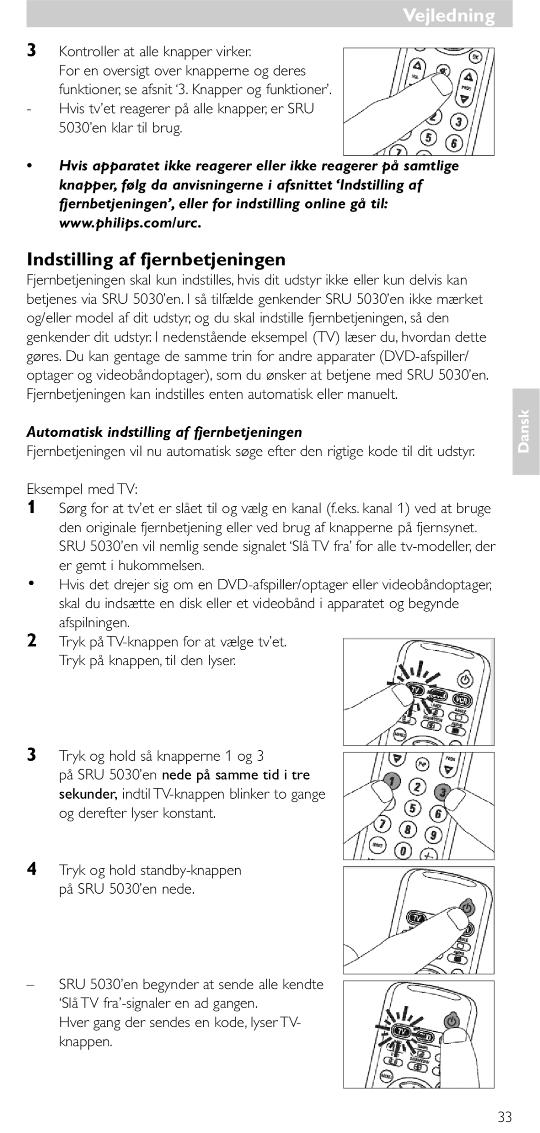 NEC SRU 5030/86 manual Vejledning, Indstilling af fjernbetjeningen, Automatisk indstilling af fjernbetjeningen 