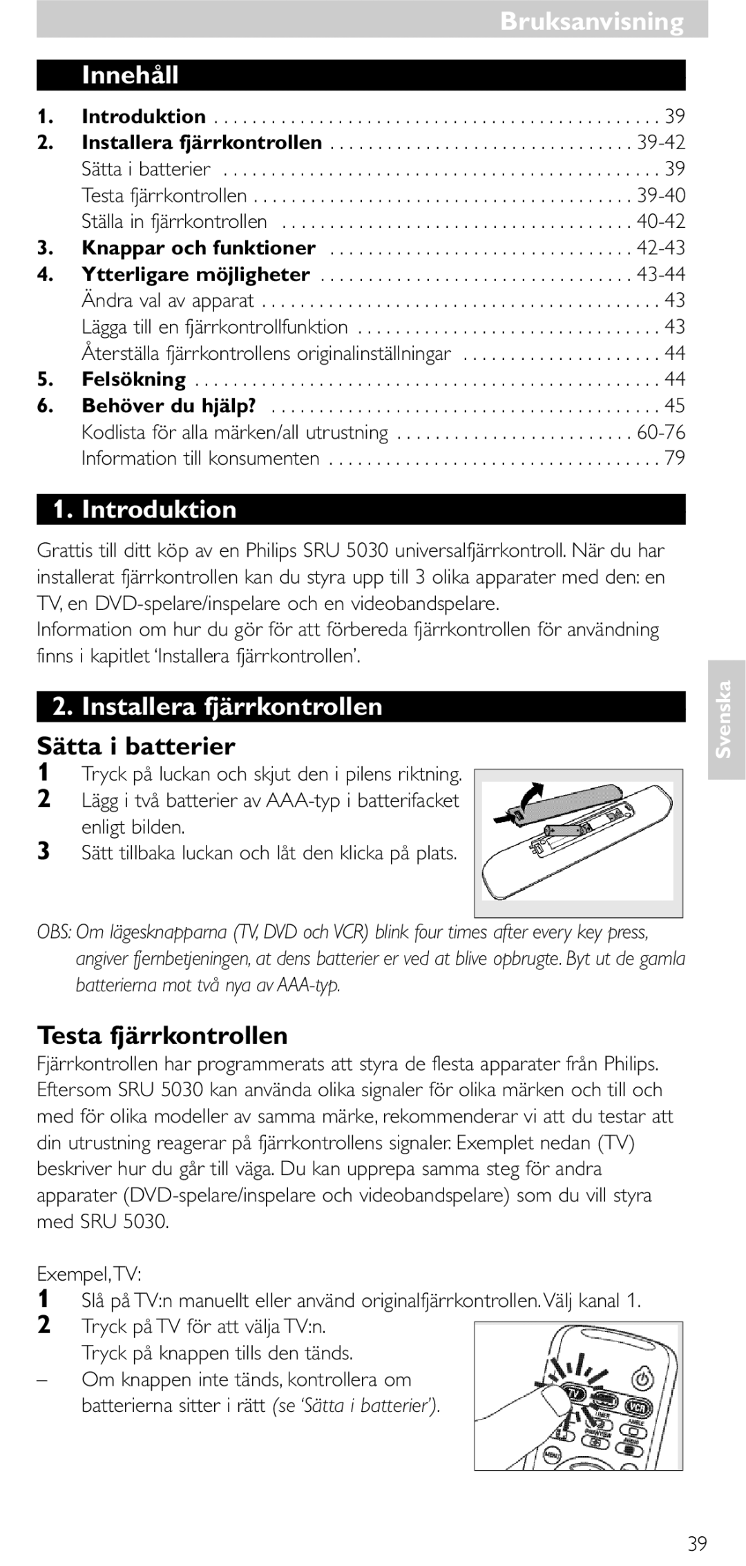 NEC SRU 5030/86 manual Innehåll, Introduktion, Installera fjärrkontrollen, Sätta i batterier, Testa fjärrkontrollen 