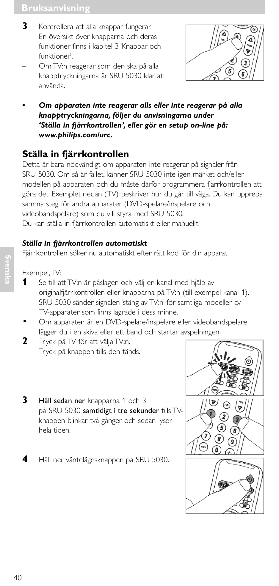 NEC SRU 5030/86 manual Bruksanvisning, Ställa in fjärrkontrollen automatiskt 