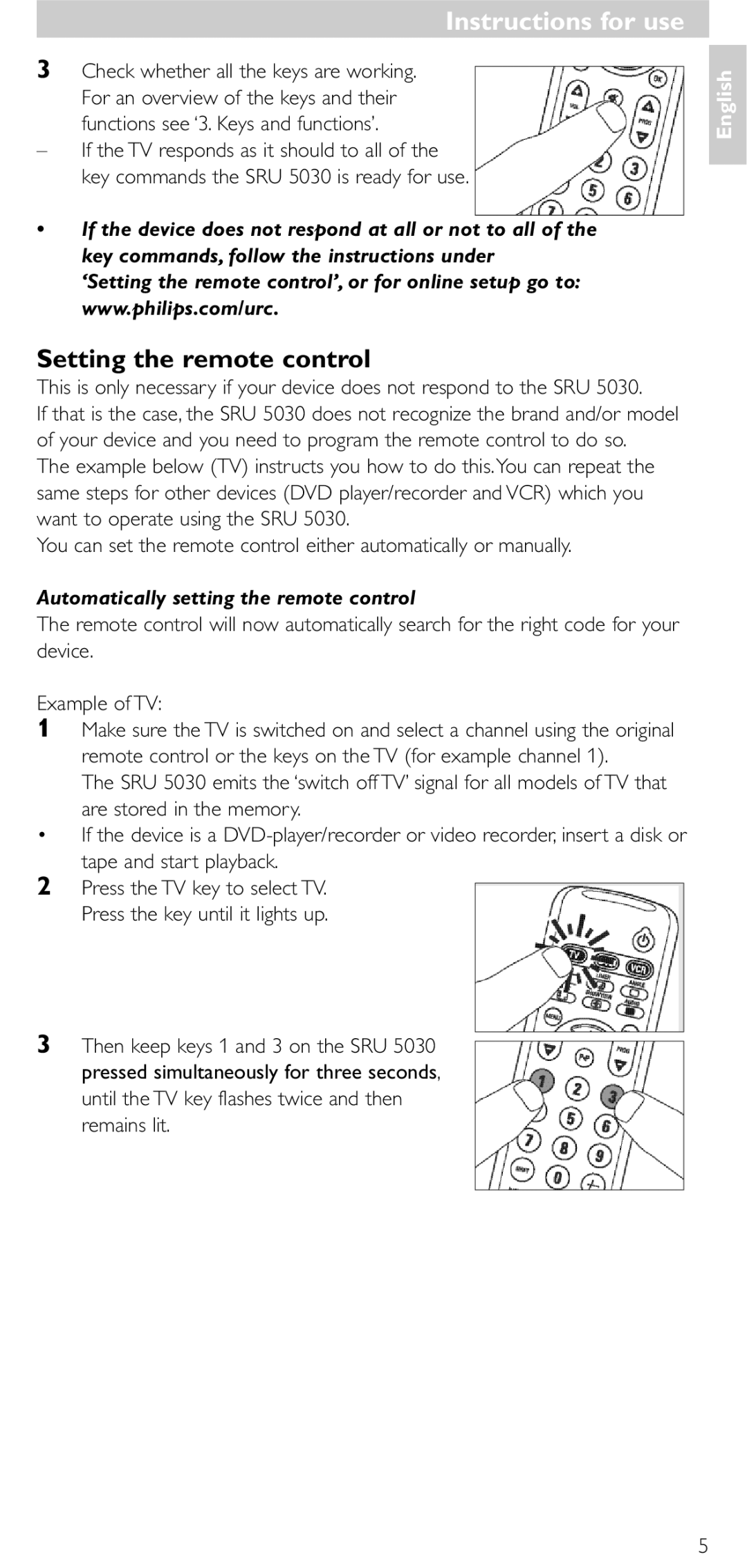 NEC SRU 5030/86 Instructions for use, Setting the remote control, Automatically setting the remote control, Remains lit 