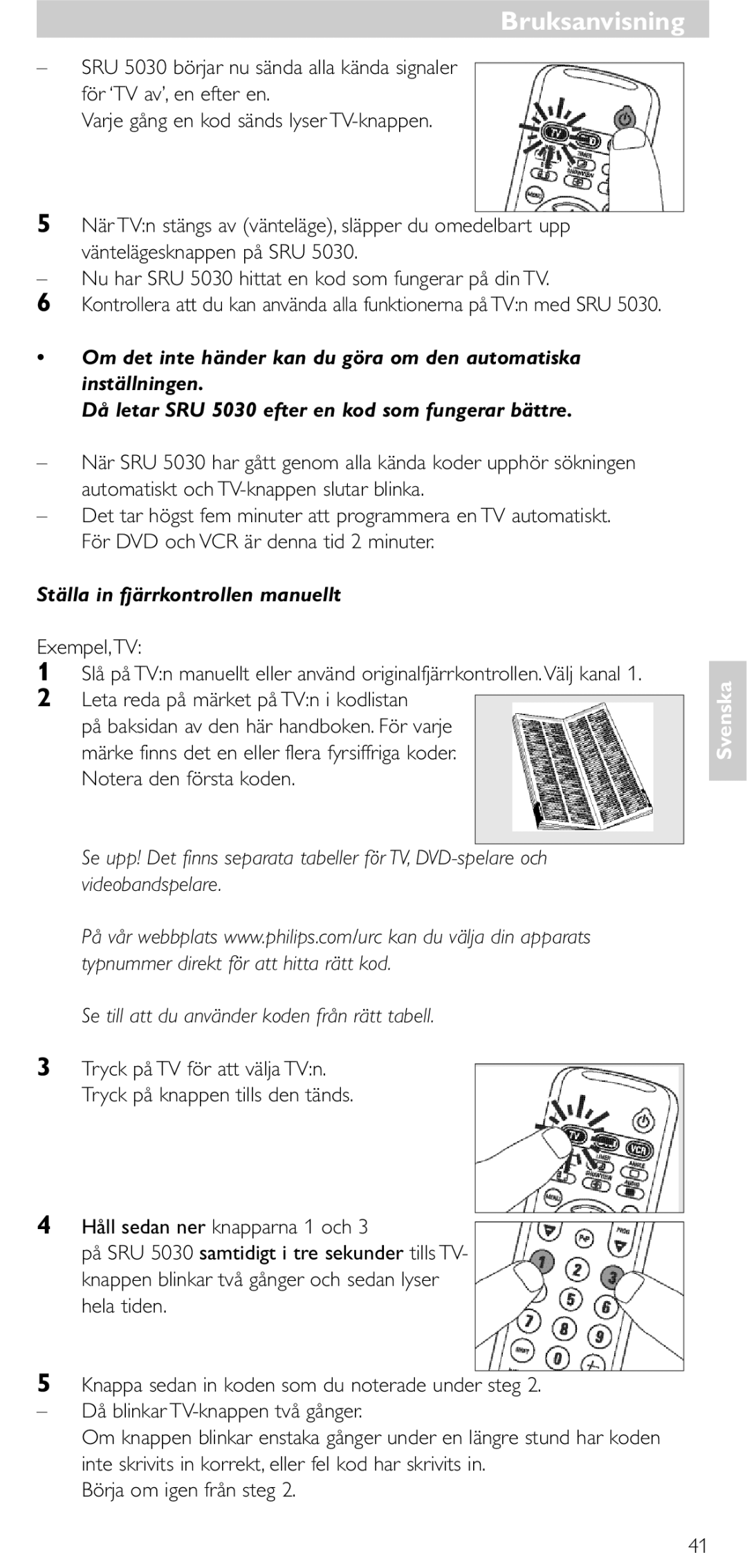 NEC SRU 5030/86 manual Ställa in fjärrkontrollen manuellt, Leta reda på märket på TVn i kodlistan 