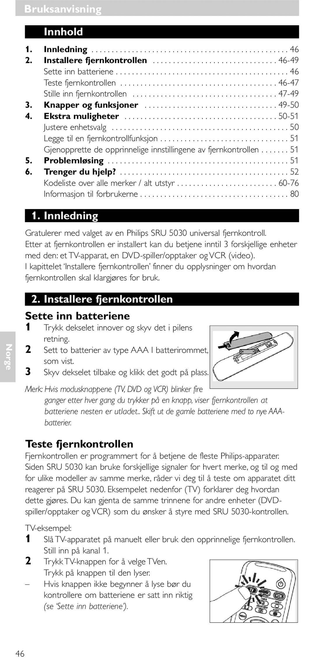 NEC SRU 5030/86 manual Bruksanvisning Innhold, Innledning, Installere fjernkontrollen, Sette inn batteriene 