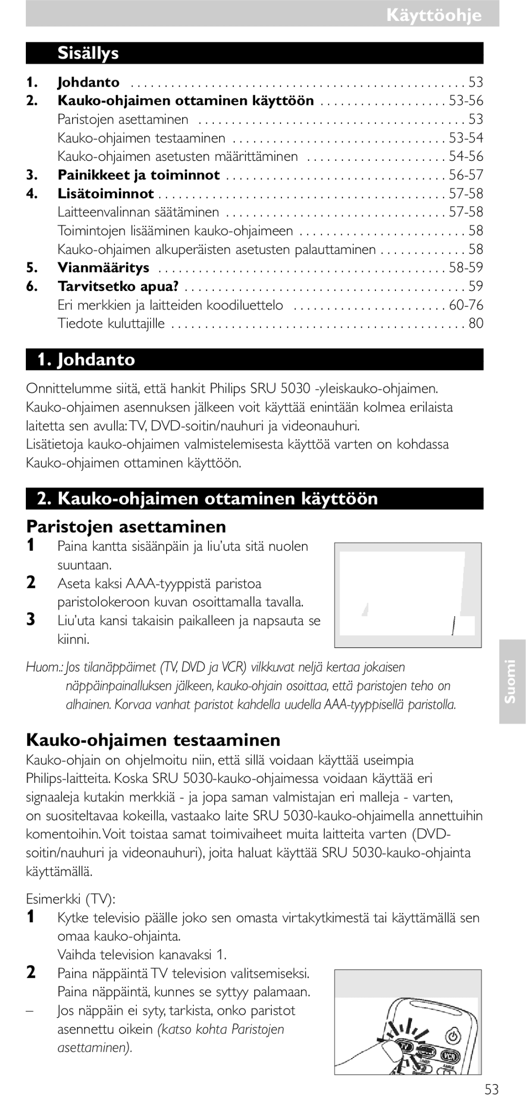 NEC SRU 5030/86 manual Käyttöohje, Sisällys, Johdanto, Kauko-ohjaimen ottaminen käyttöön 