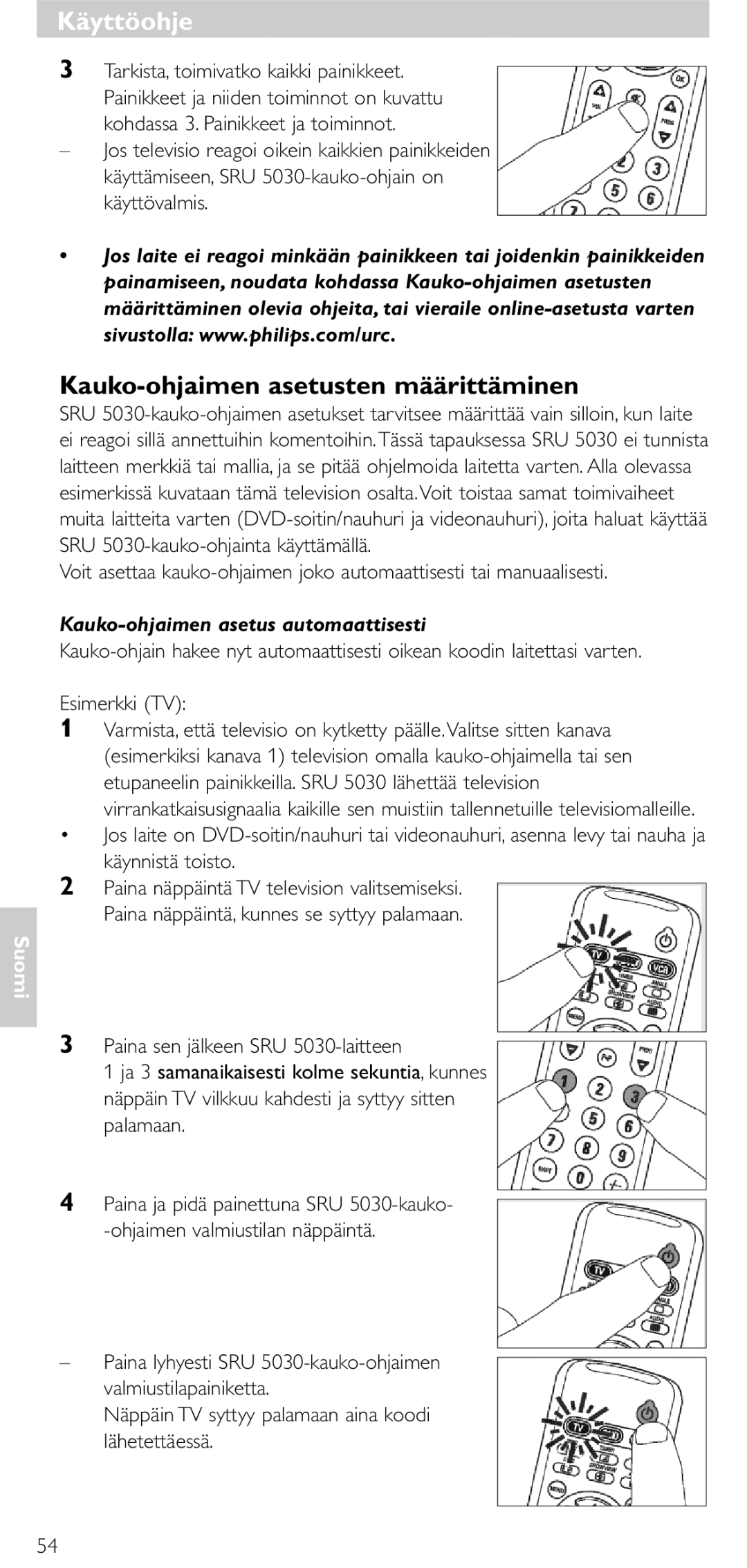 NEC SRU 5030/86 manual Kauko-ohjaimen asetusten määrittäminen, Kauko-ohjaimen asetus automaattisesti 