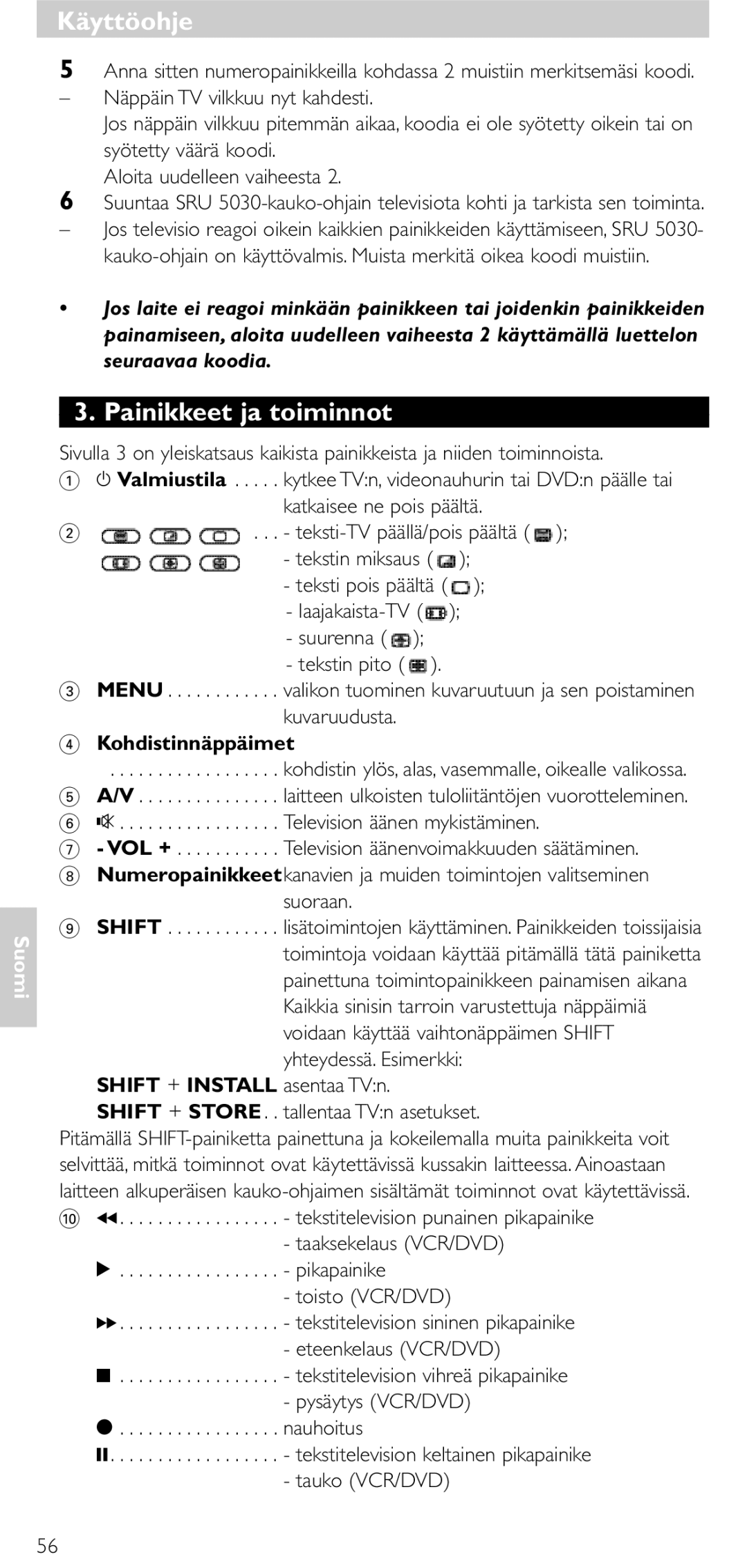 NEC SRU 5030/86 manual Painikkeet ja toiminnot 