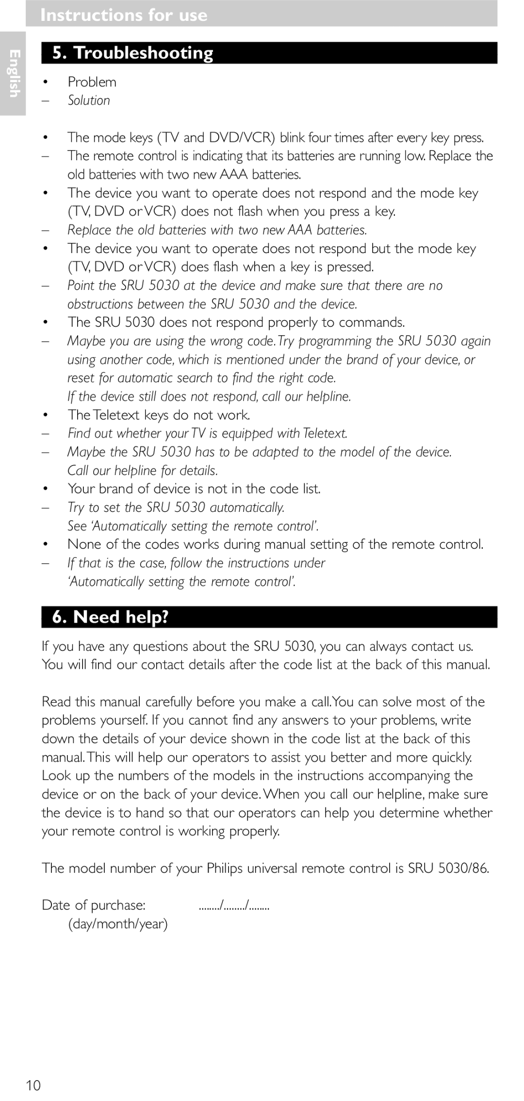 NEC SRU 5030/86 manual Instructions for use Troubleshooting, Need help?, Solution 