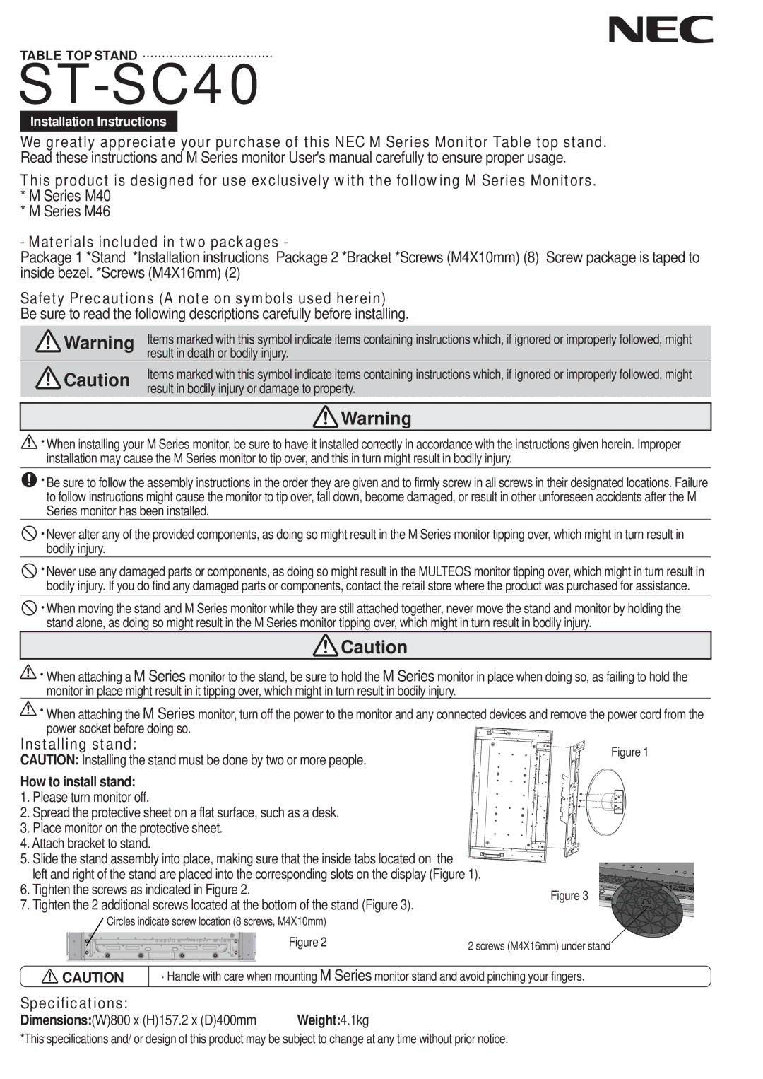 NEC ST-SC40 installation instructions Materials included in two packages, Safety Precautions a note on symbols used herein 