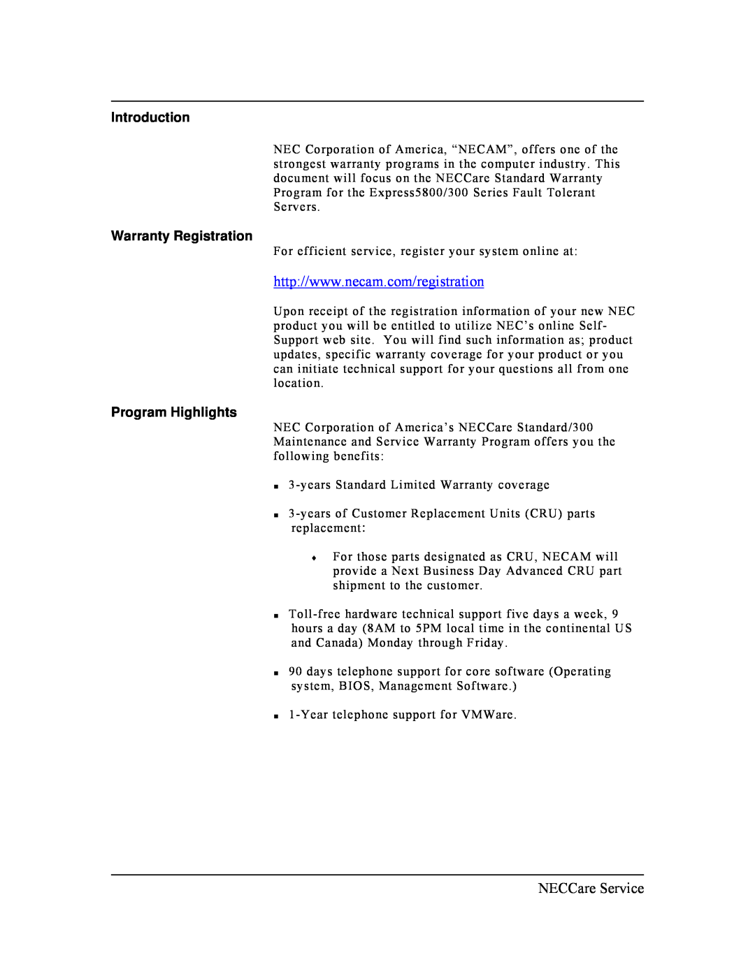 NEC Standard/300 warranty Introduction, Warranty Registration, Program Highlights 