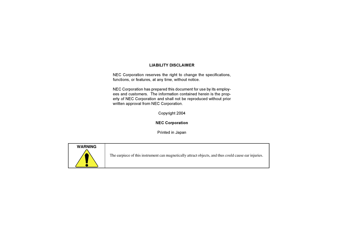 NEC SV7000 manual Liability Disclaimer, NEC Corporation 