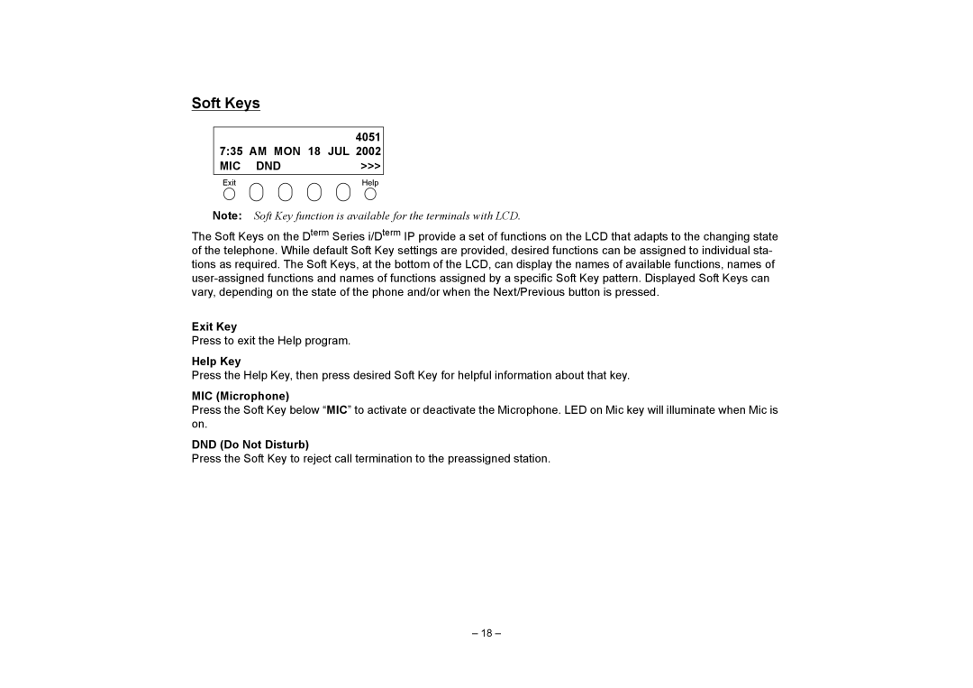 NEC SV7000 manual Soft Keys, Mic Dnd 