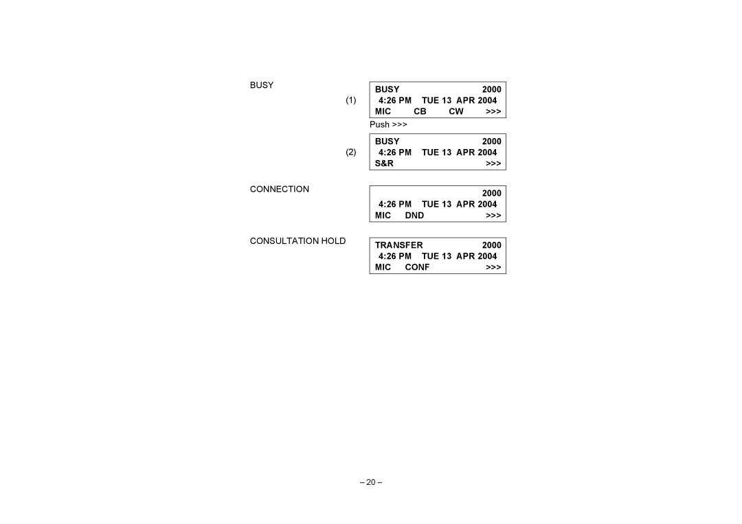 NEC SV7000 manual Busy, Mic, Connection, MIC DND Consultation Hold Transfer, MIC Conf 
