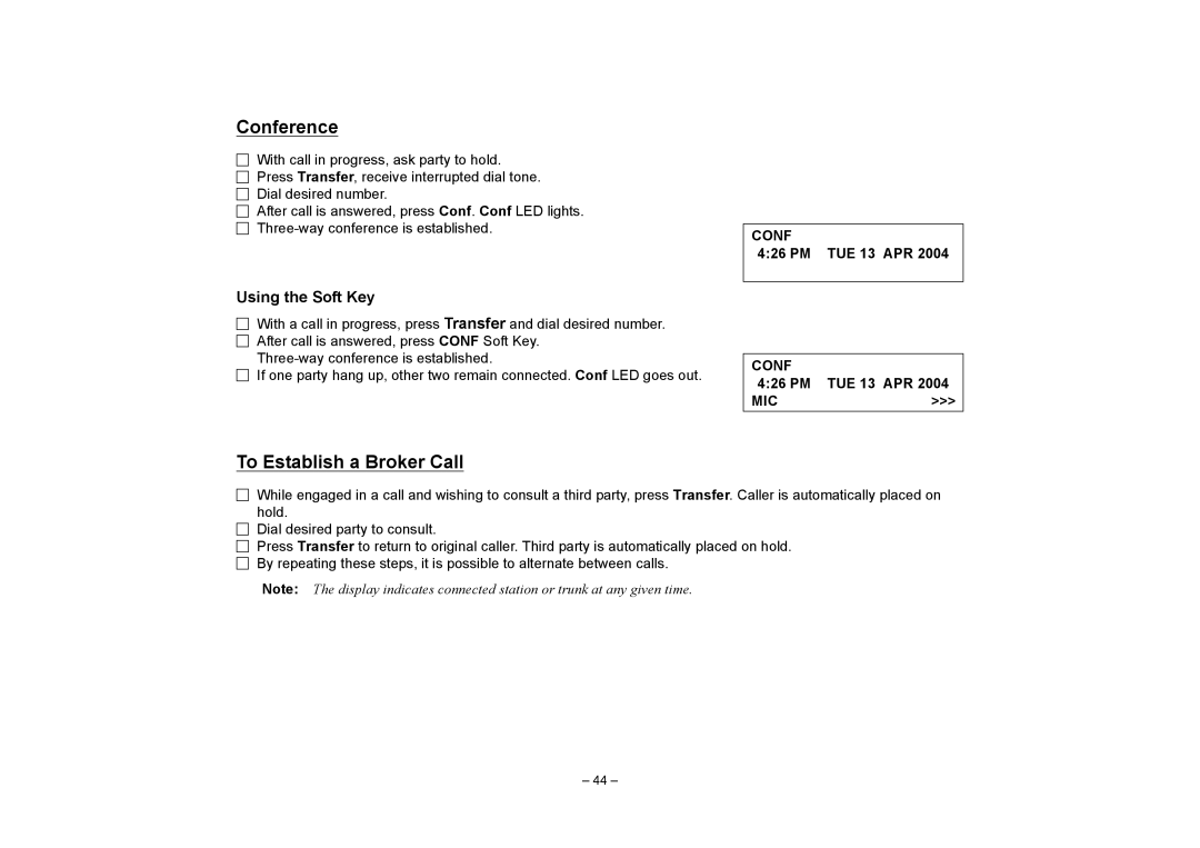 NEC SV7000 manual Conference, To Establish a Broker Call, PM TUE 13 APR MIC 