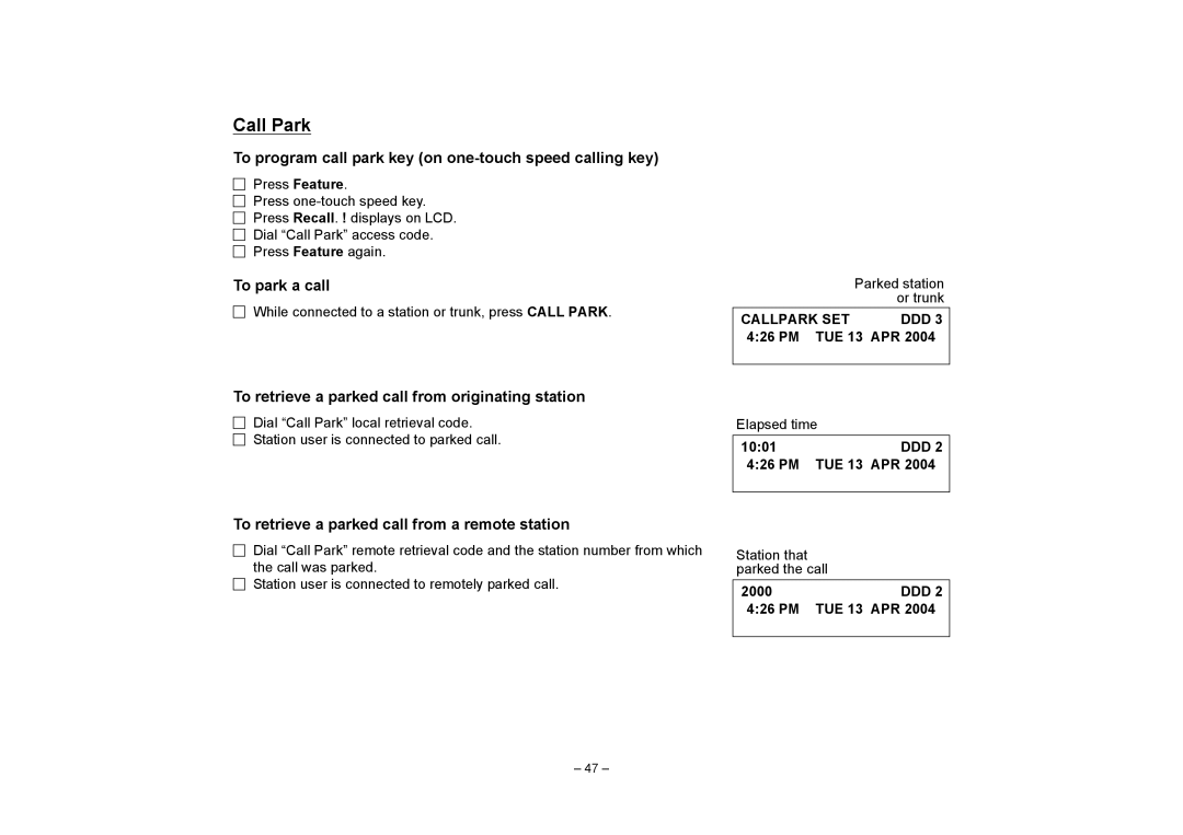 NEC SV7000 manual Call Park, To program call park key on one-touch speed calling key, To park a call 