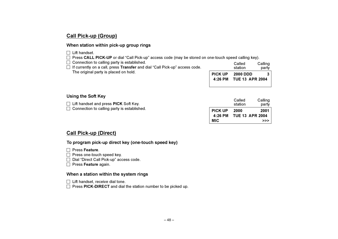 NEC SV7000 manual Call Pick-up Group, Call Pick-up Direct, When station within pick-up group rings 