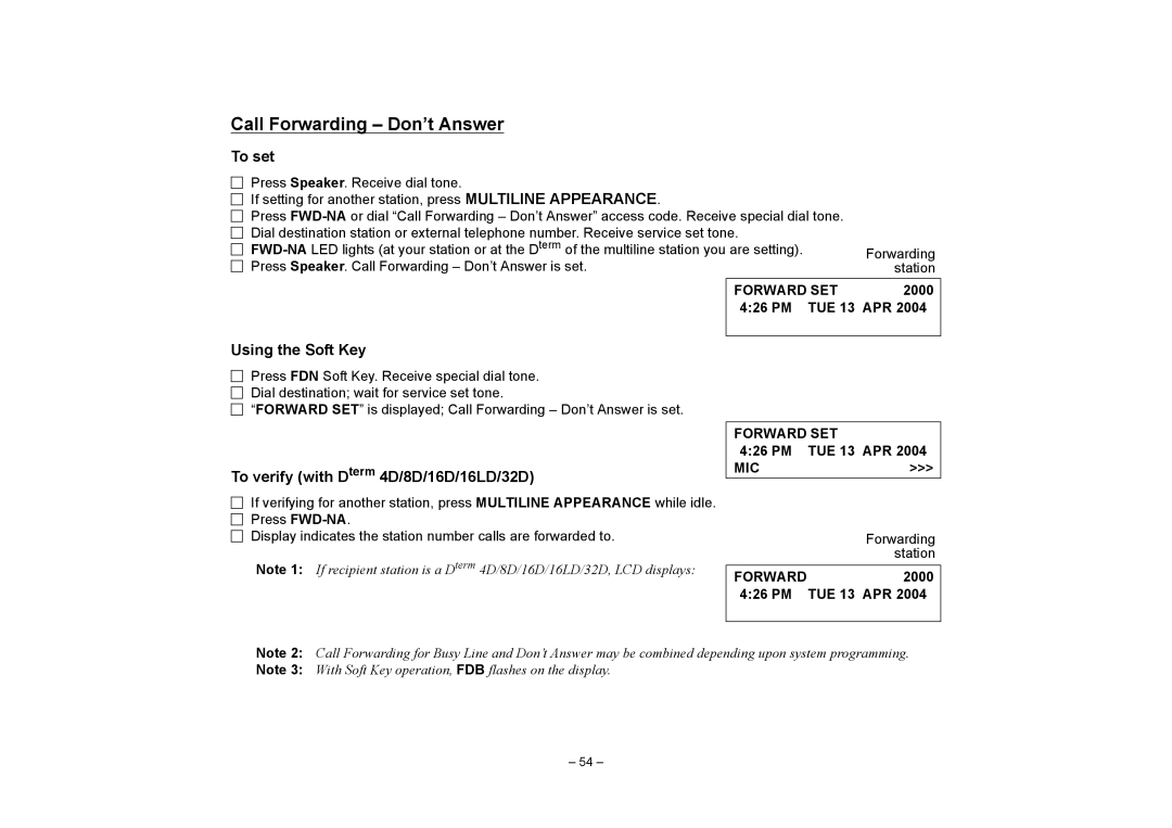 NEC SV7000 manual Call Forwarding Don’t Answer 