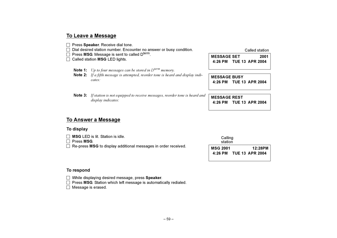 NEC SV7000 manual To Leave a Message, To Answer a Message, To display, To respond 