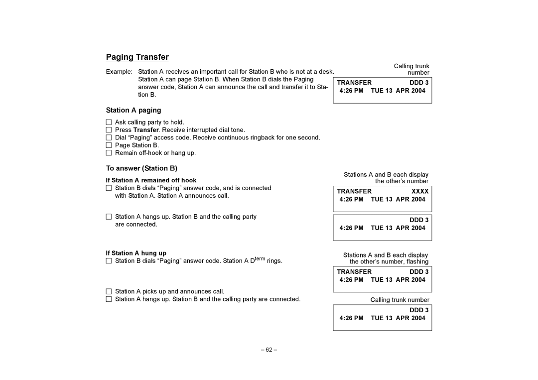 NEC SV7000 manual Paging Transfer, Station a paging, Transferddd 3 426 PM TUE 13 APR, Transfer Xxxx 