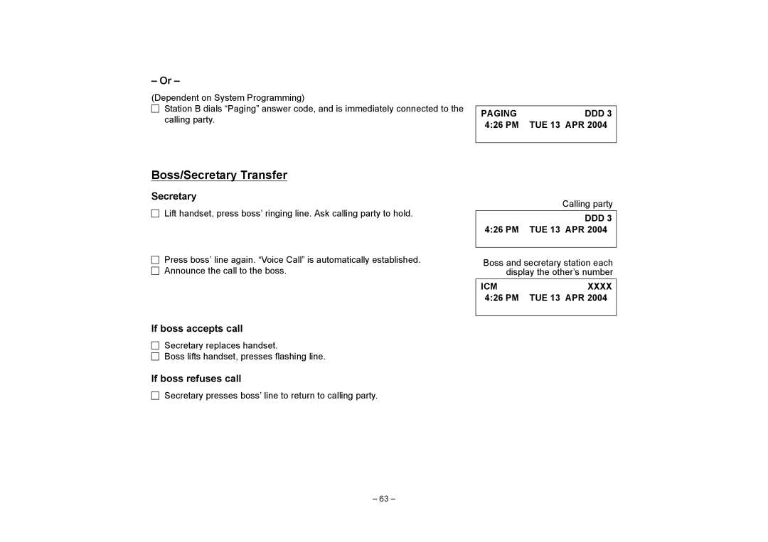 NEC SV7000 manual Boss/Secretary Transfer, If boss accepts call, If boss refuses call 