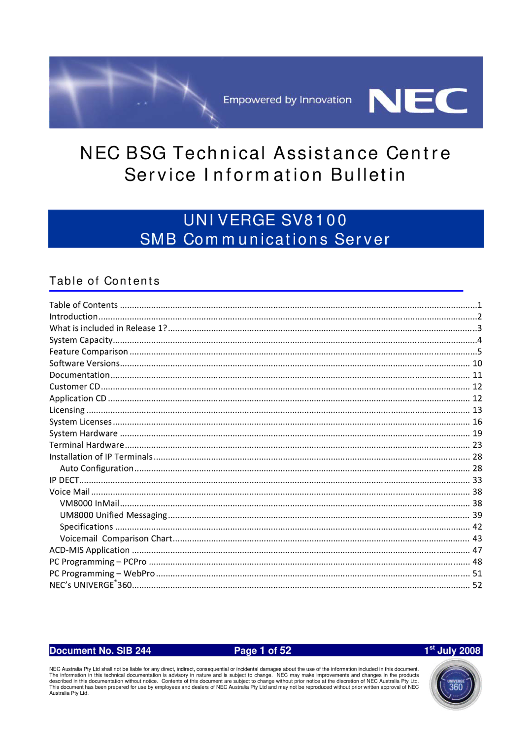 NEC specifications Univerge SV8100, Table of Contents 