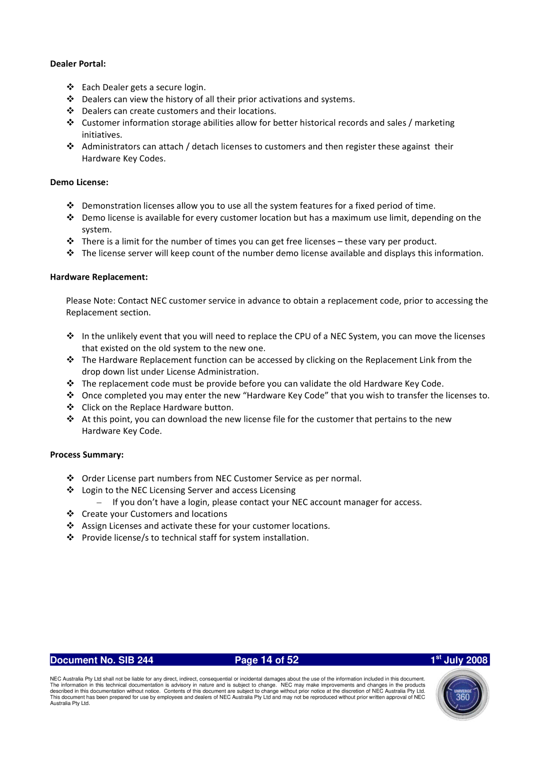 NEC SV8100 specifications Dealer Portal, Demo License, Hardware Replacement, Process Summary 