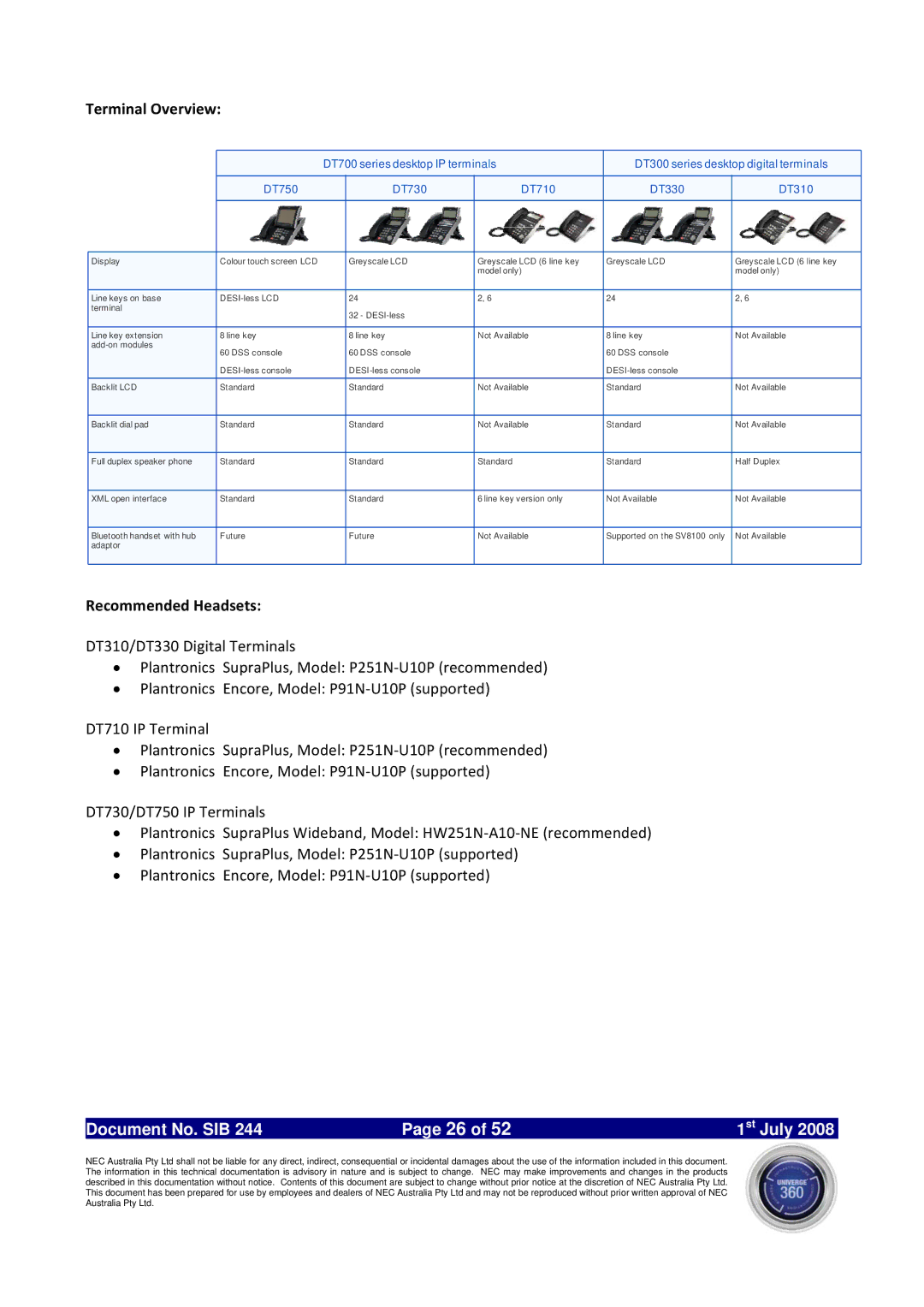 NEC SV8100 specifications Terminal Overview, Recommended Headsets 