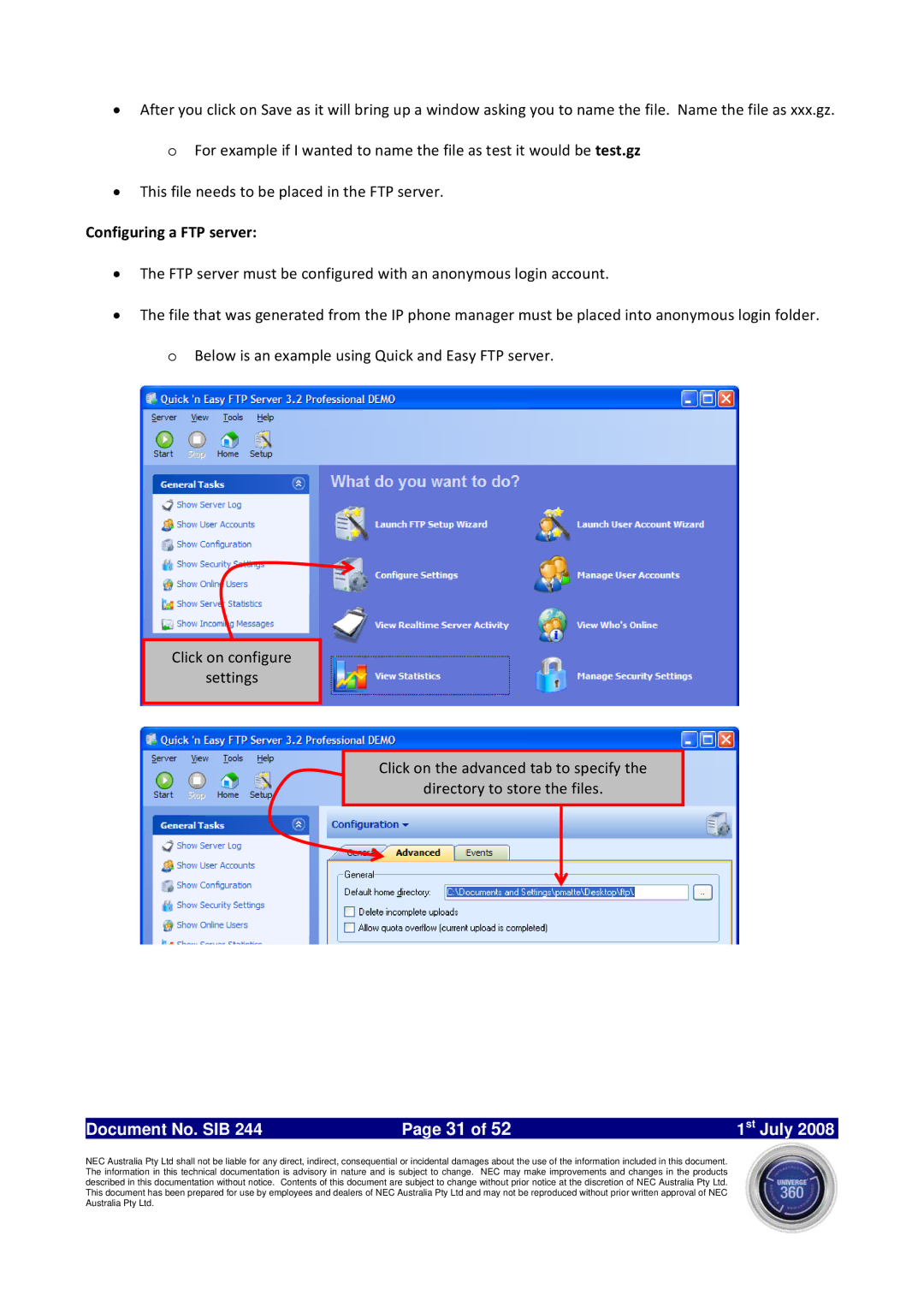 NEC SV8100 specifications Configuring a FTP server 