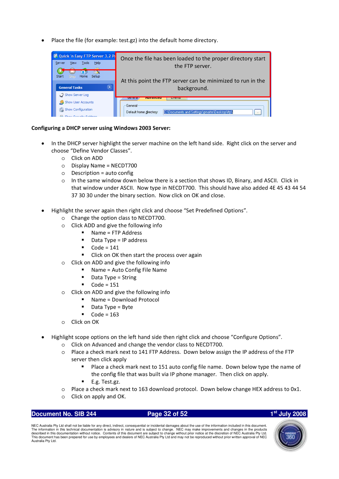 NEC SV8100 specifications Configuring a Dhcp server using Windows 2003 Server 