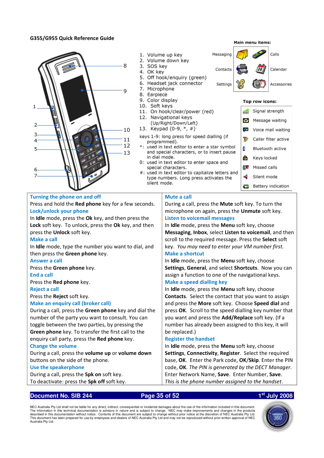 NEC SV8100 specifications G355/G955 Quick Reference Guide, Messaging, Inbox, select Listen to voicemail, and then 