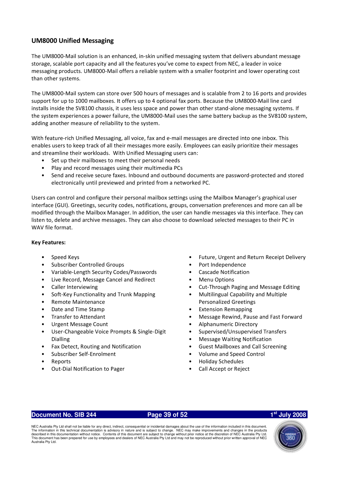 NEC SV8100 specifications UM8000 Unified Messaging 