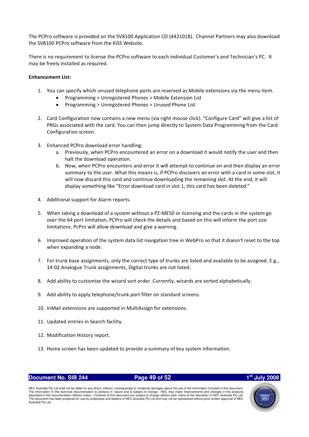 NEC SV8100 specifications Enhancement List 