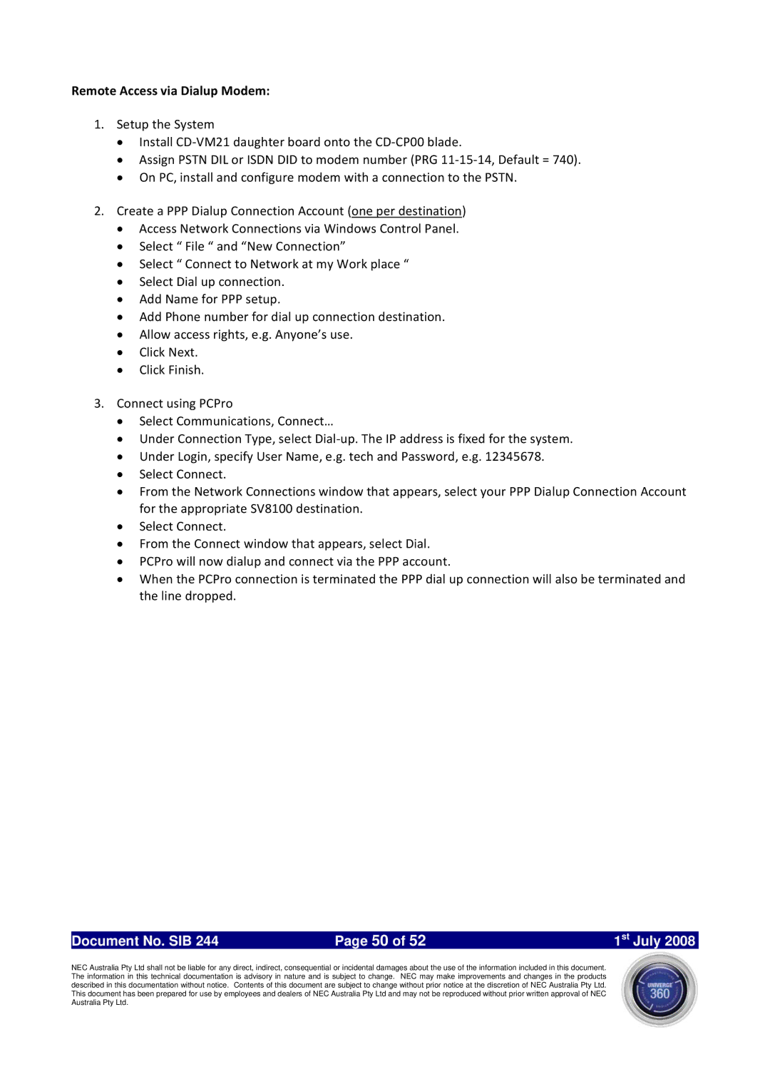 NEC SV8100 specifications Remote Access via Dialup Modem 