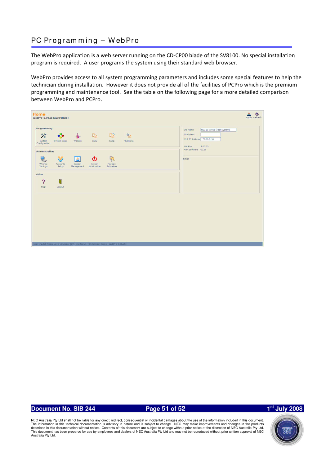 NEC SV8100 specifications PC Programming WebPro 