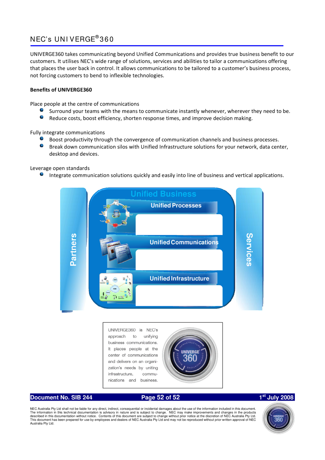 NEC SV8100 specifications NEC’s UNIVERGE360, Benefits of UNIVERGE360 