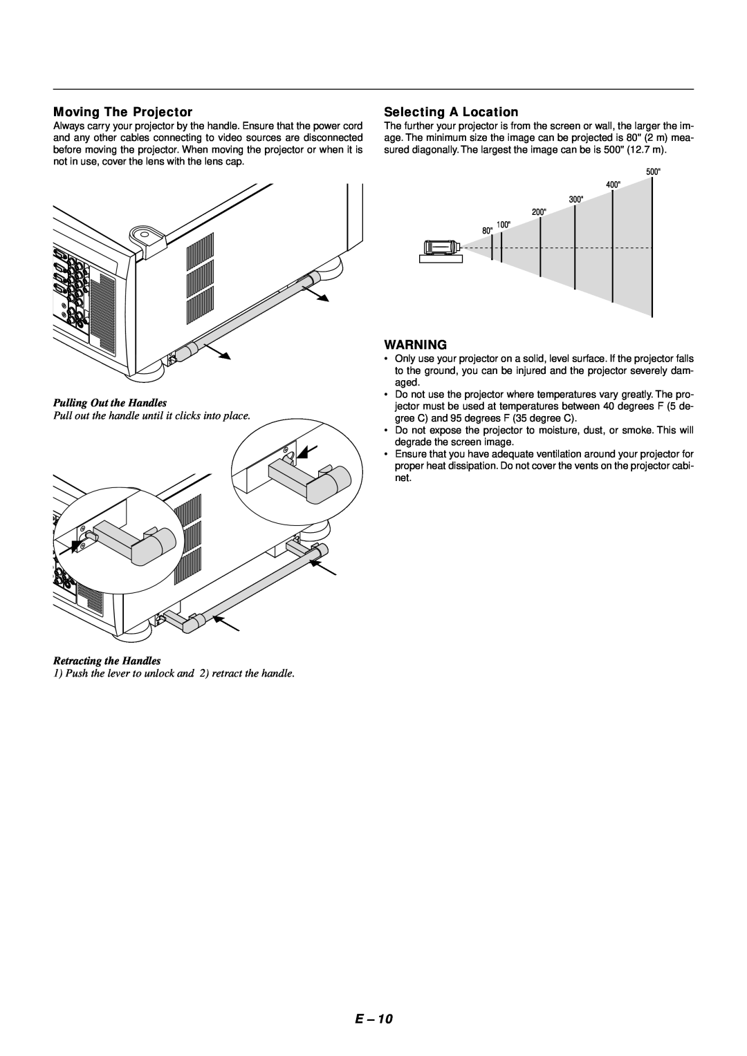 NEC SX4000 user manual Moving The Projector, Selecting A Location, Pulling Out the Handles, Retracting the Handles 