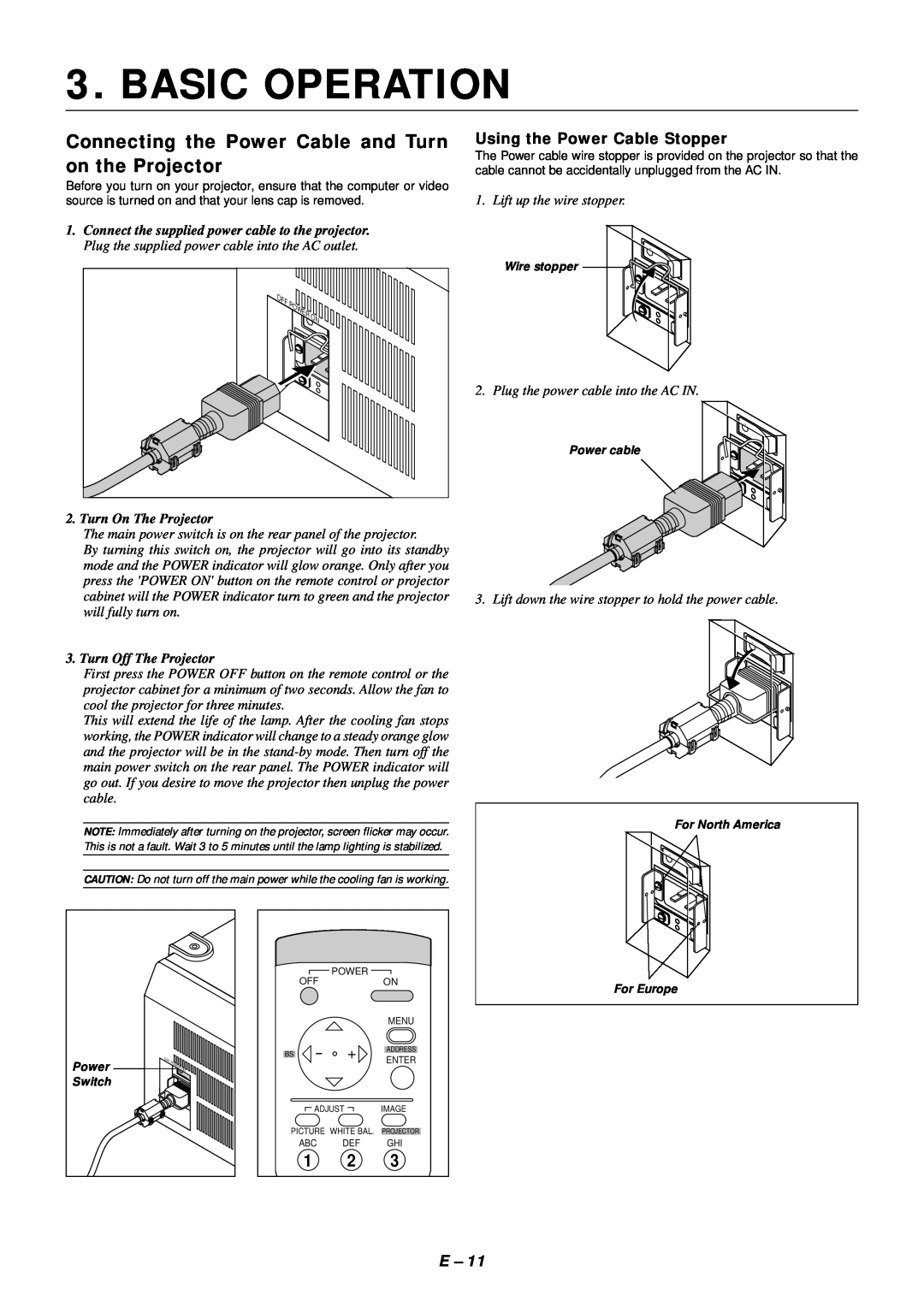 NEC SX4000 user manual Basic Operation, Connecting the Power Cable and Turn on the Projector, Using the Power Cable Stopper 