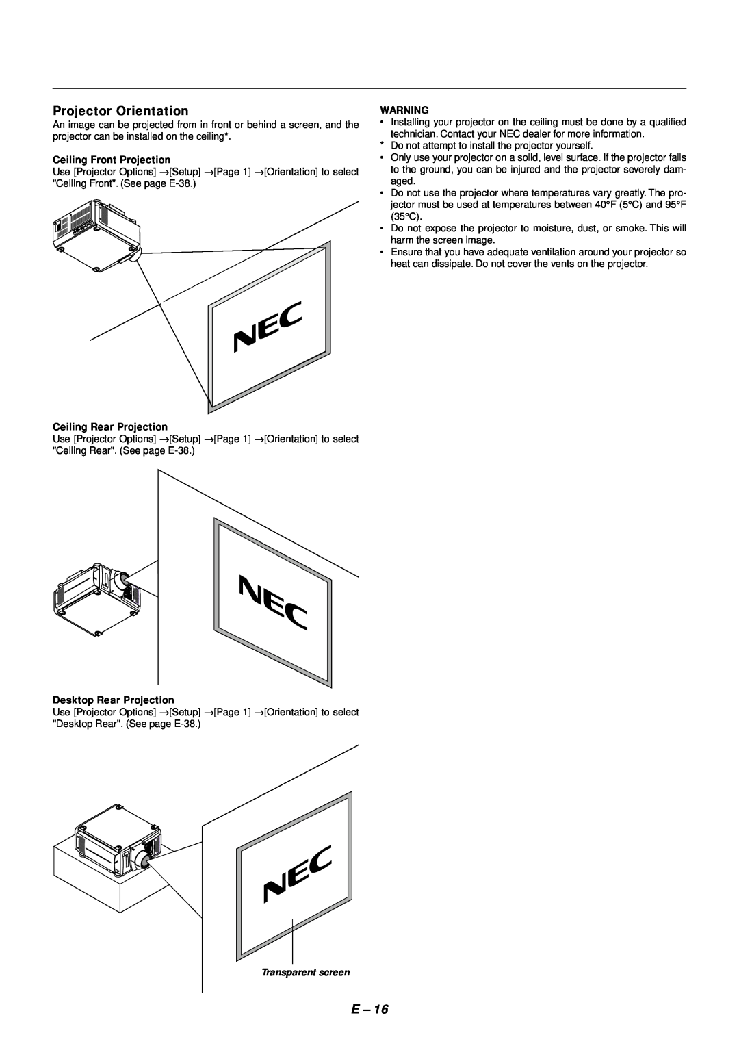 NEC SX4000 user manual Projector Orientation, Ceiling Front Projection, Ceiling Rear Projection, Desktop Rear Projection 