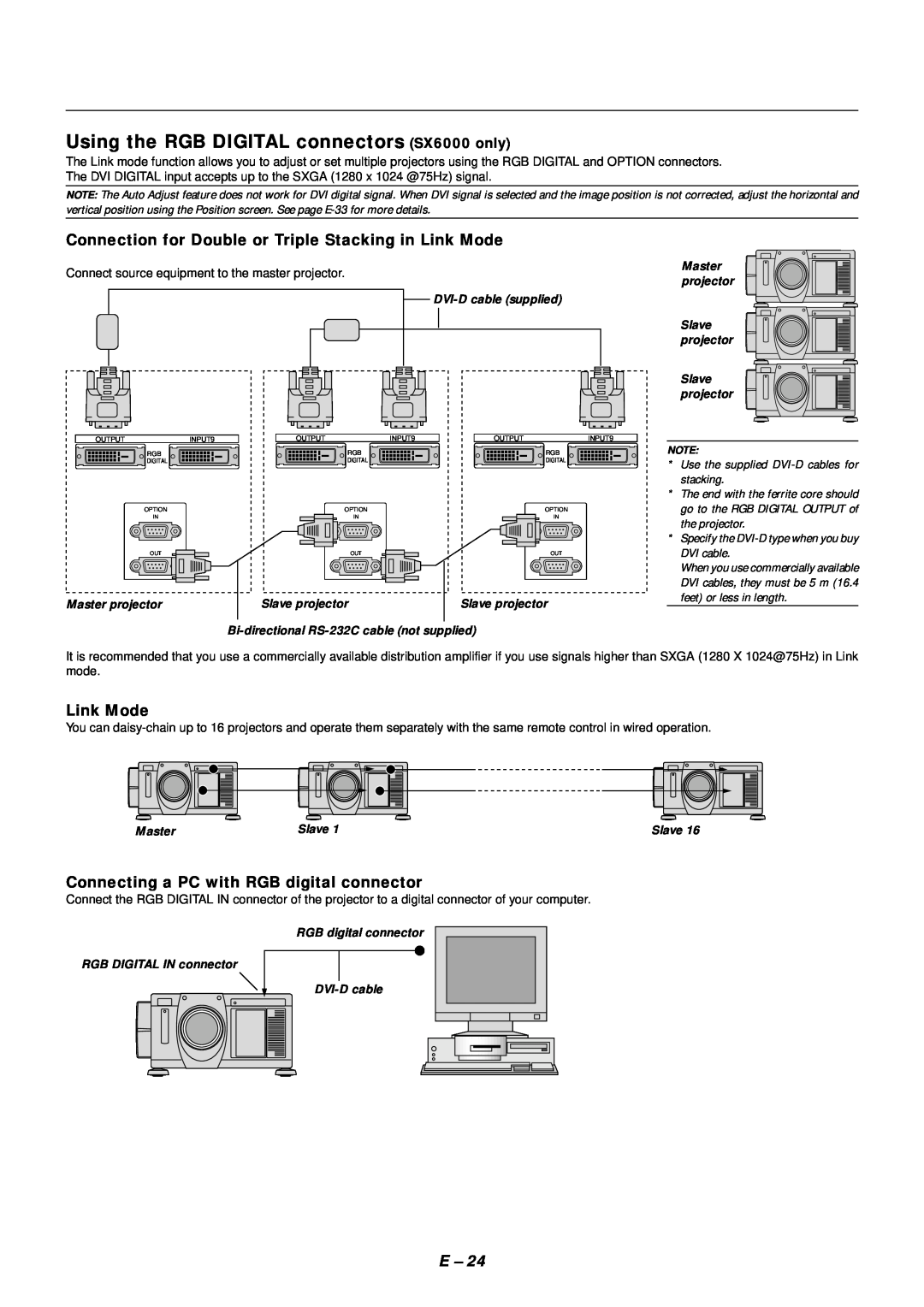 NEC SX4000 user manual Using the RGB DIGITAL connectors SX6000 only, Connection for Double or Triple Stacking in Link Mode 