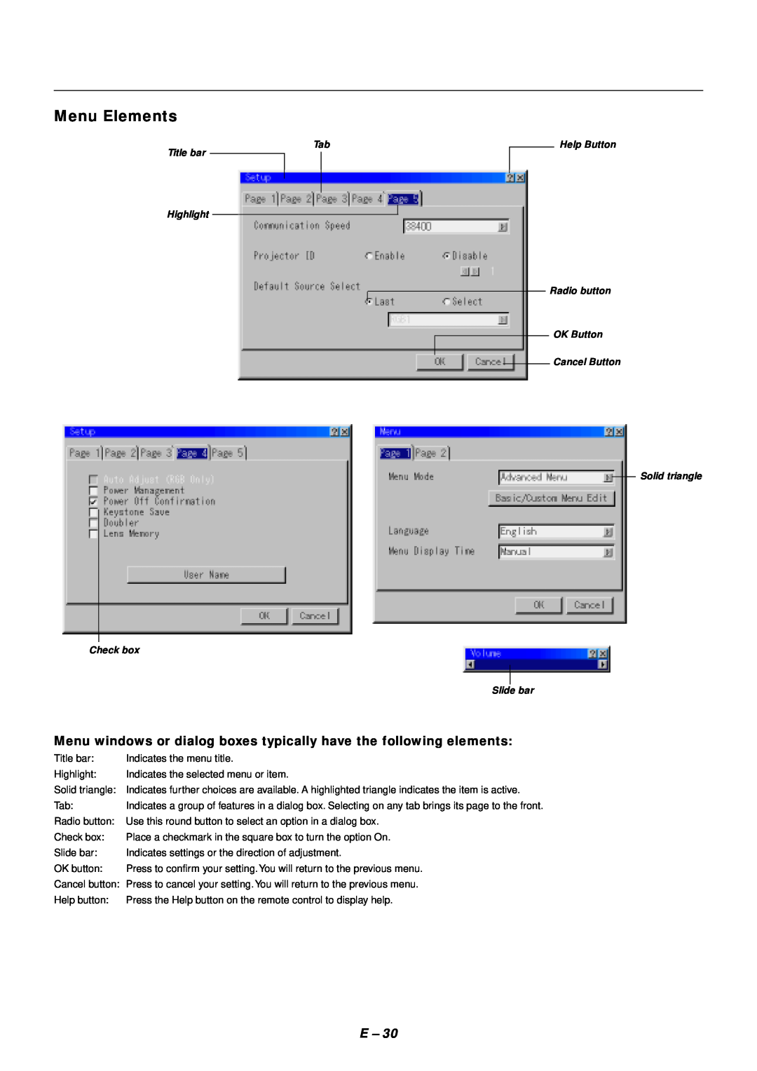 NEC SX4000 user manual Menu Elements, Menu windows or dialog boxes typically have the following elements 