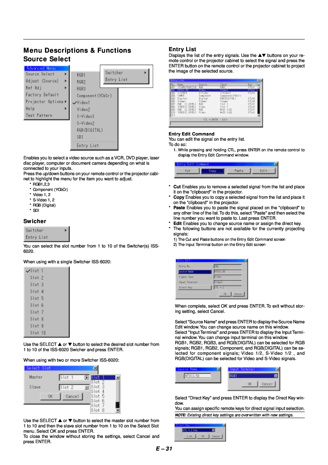 NEC SX4000 user manual Menu Descriptions & Functions Source Select, Swicher, Entry List 