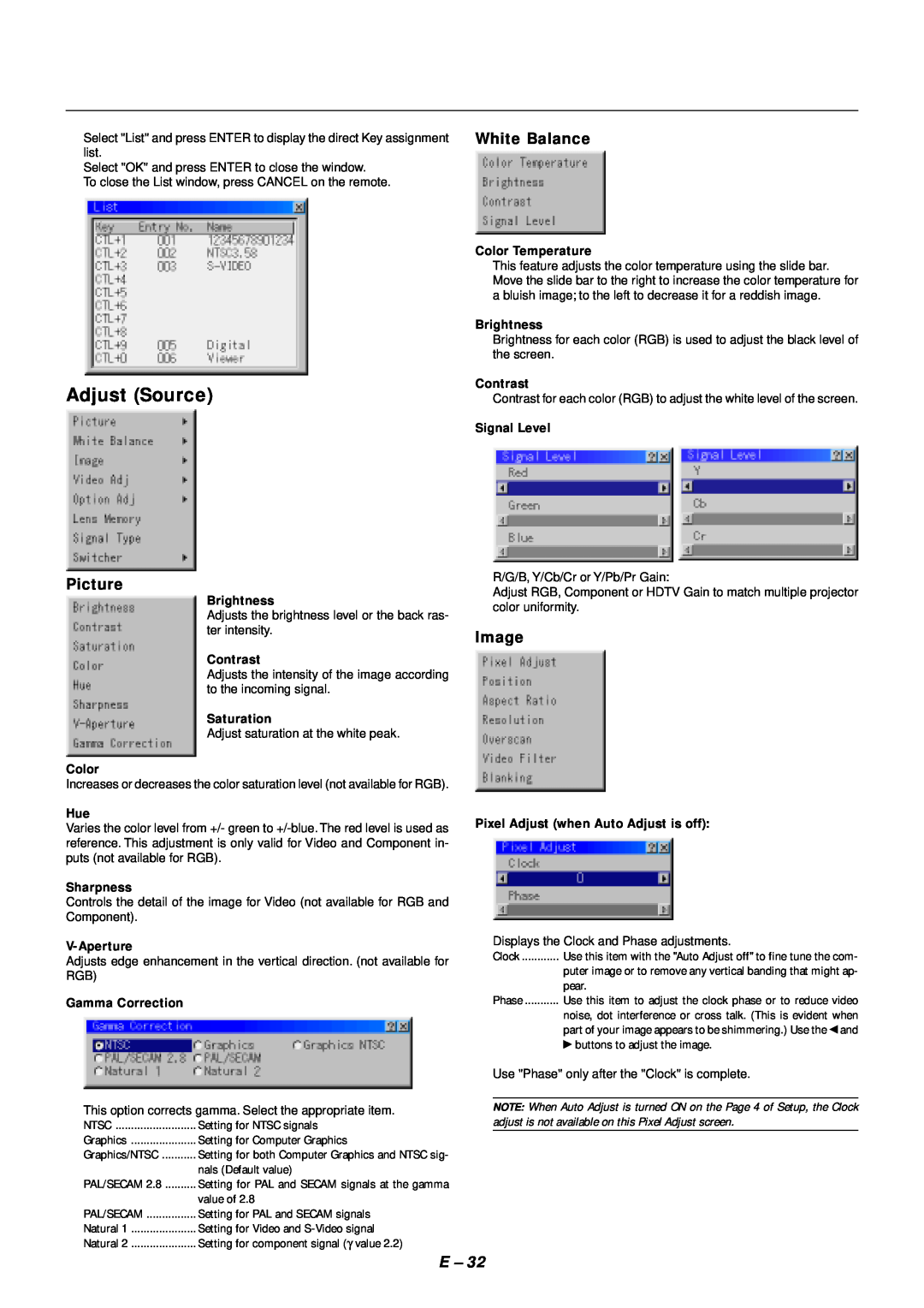 NEC SX4000 user manual Adjust Source, White Balance, Picture, Image 