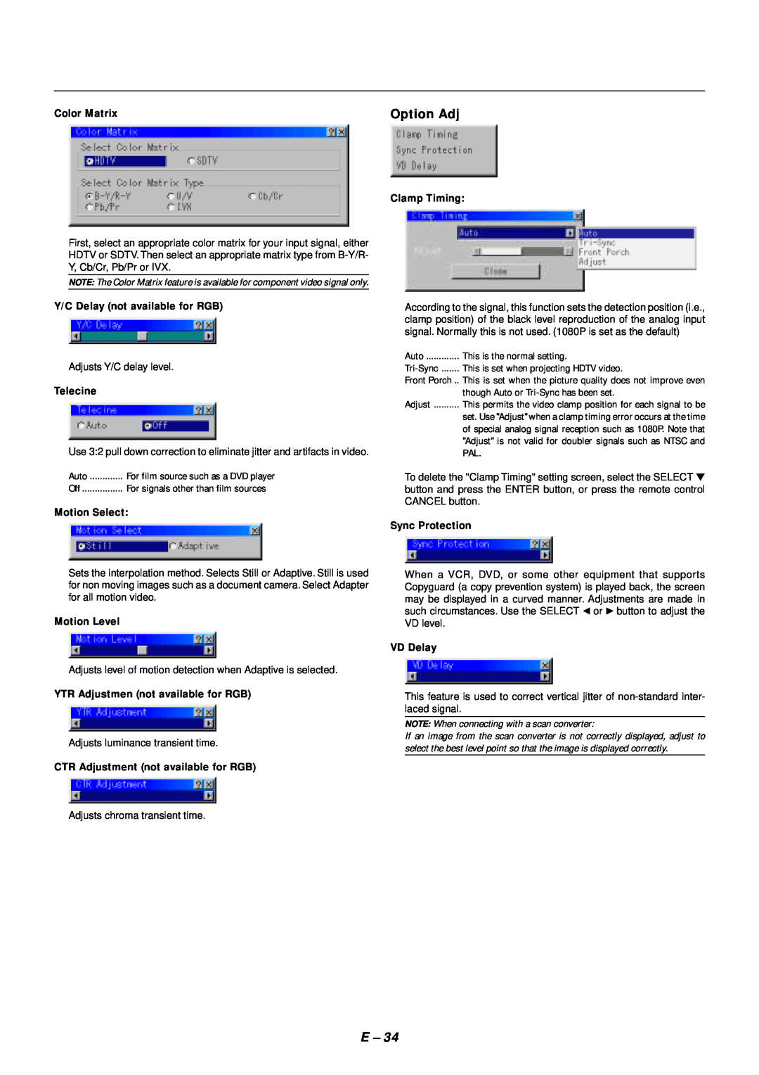 NEC SX4000 user manual Option Adj, NOTE When connecting with a scan converter 
