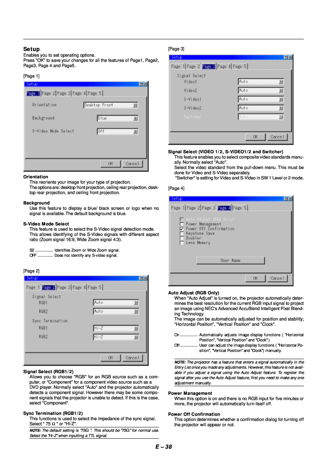 NEC SX4000 user manual Setup, Orientation, Background, S-Video Mode Select, Signal Select RGB1/2, Sync Termination RGB1/2 