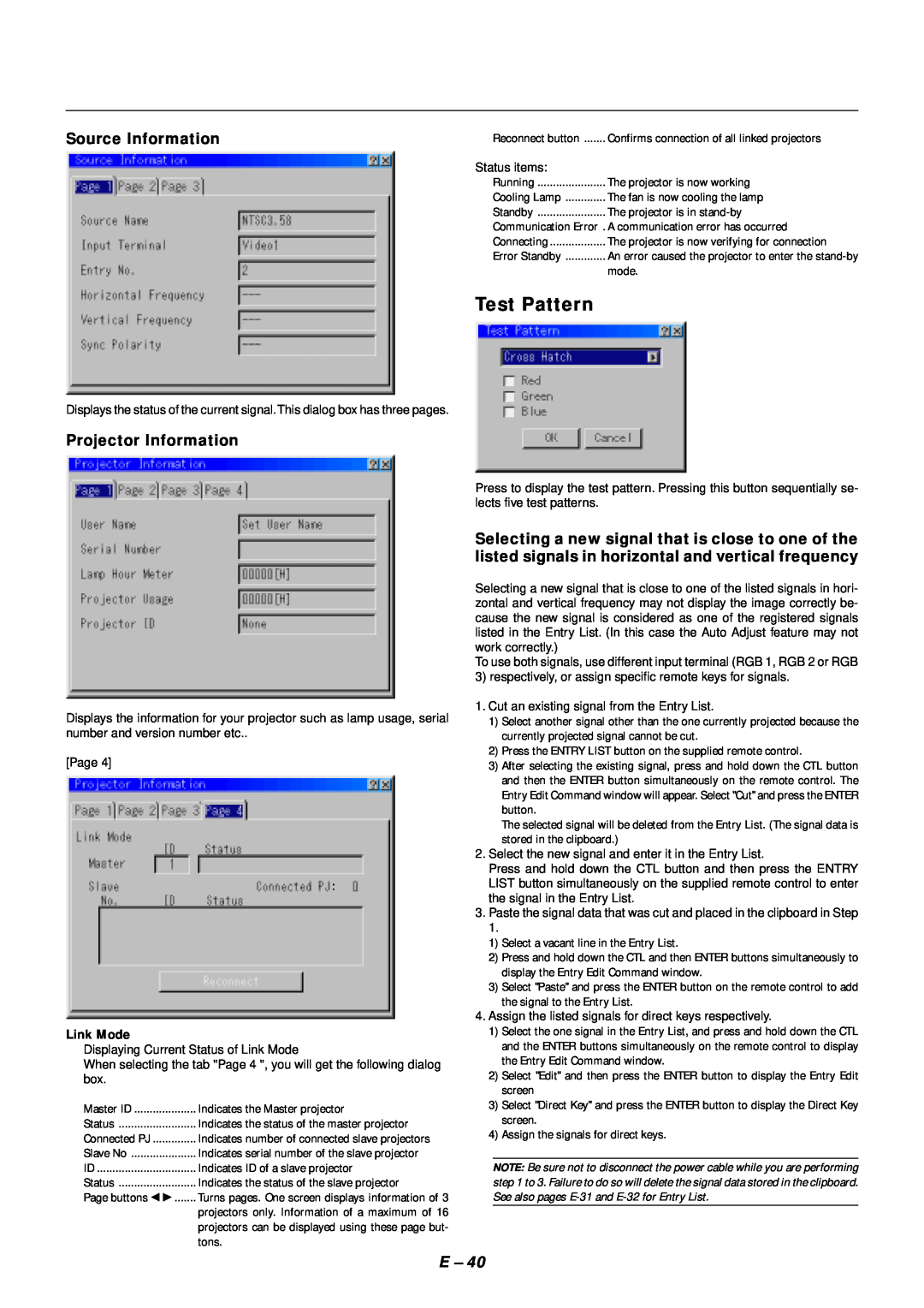NEC SX4000 user manual Test Pattern, Source Information, Projector Information 