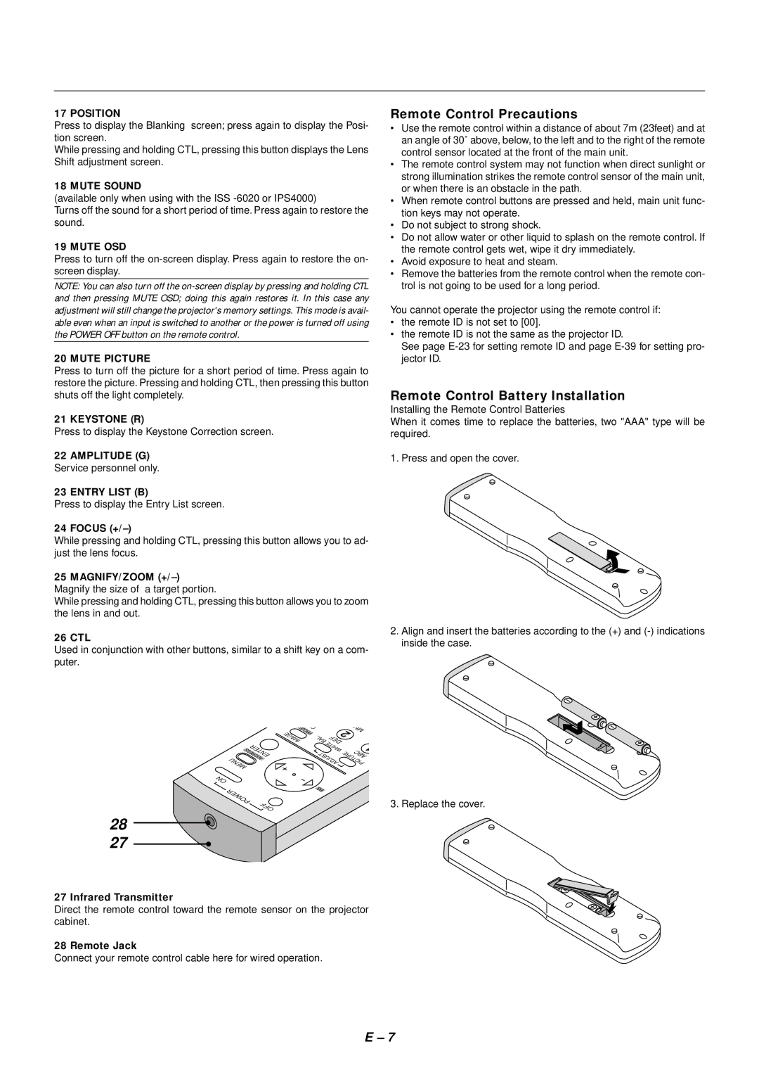 NEC SX4000 user manual Remote Control Precautions, Remote Control Battery Installation 