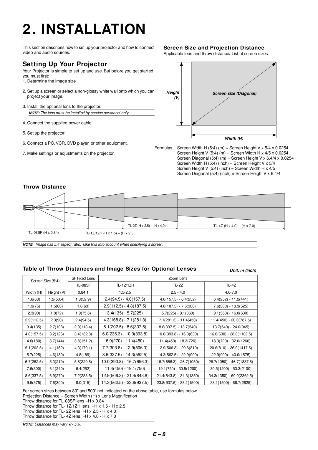 NEC SX4000 user manual Installation, Setting Up Your Projector, Screen Size and Projection Distance, Throw Distance 