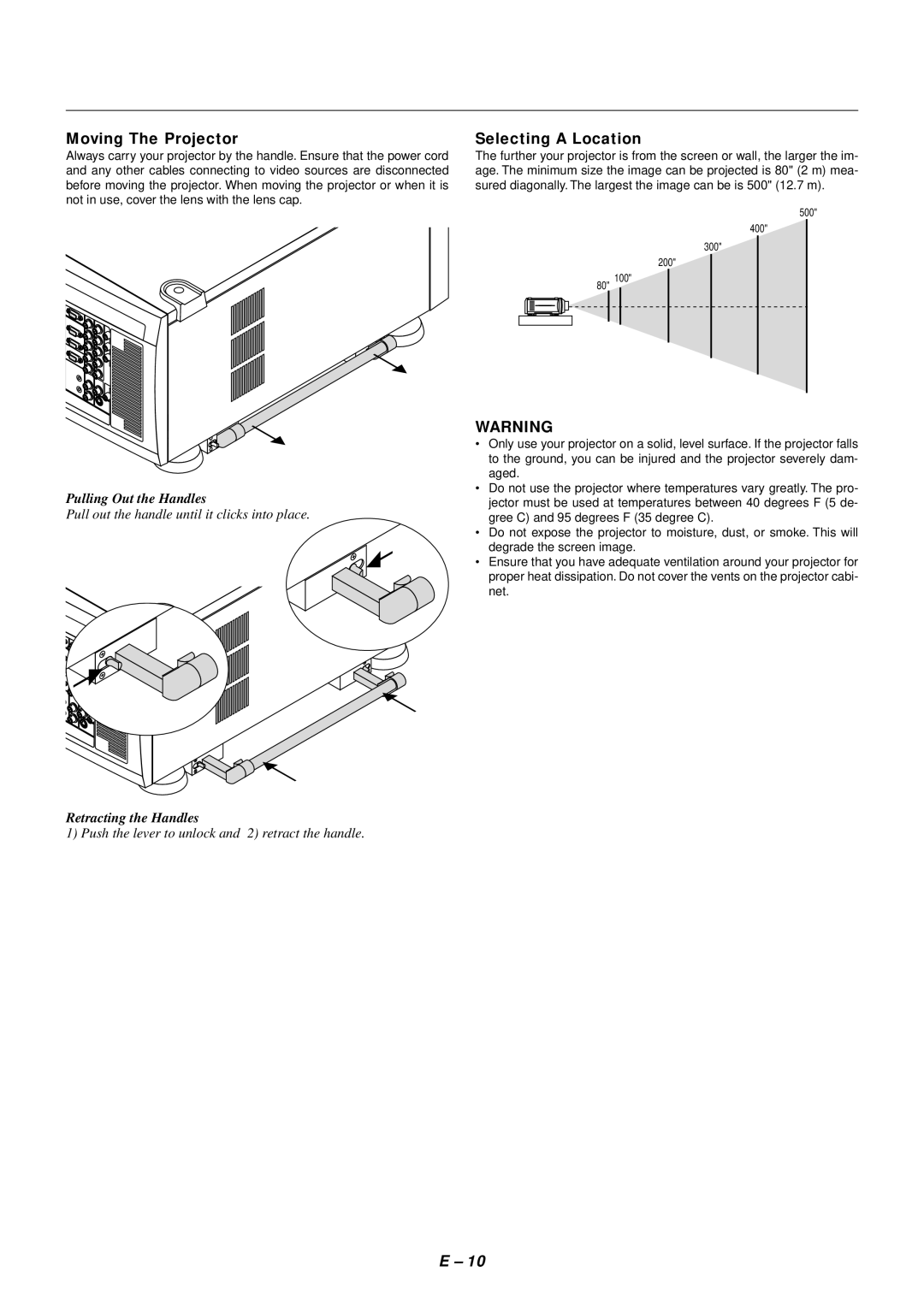 NEC SX4000 user manual Moving The Projector, Selecting a Location 